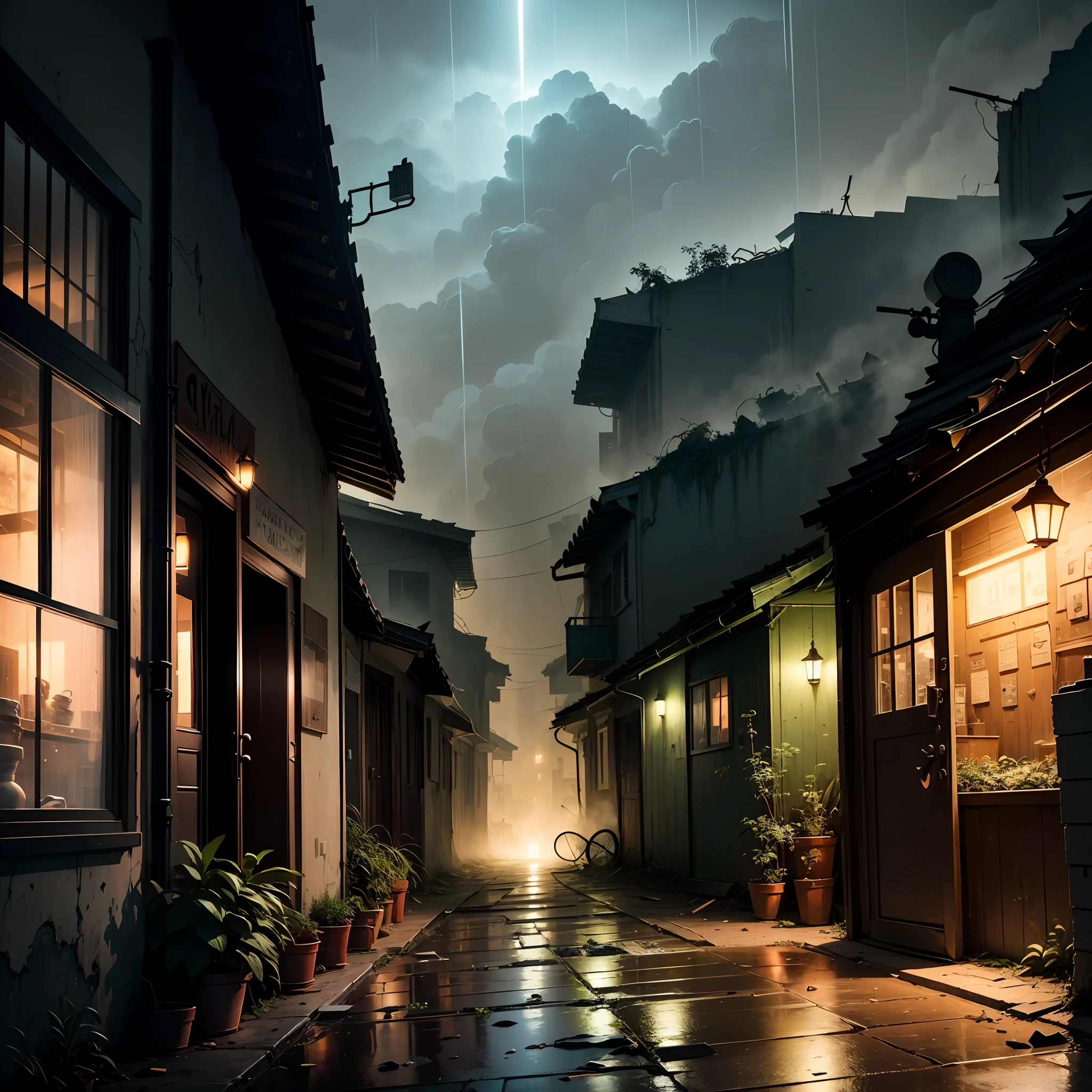 (Armageddon)，Dilapidated city，Plants climbing all over the walls ，Night，raining heavily，Black rain，（Fog，dense fog），Dilapidated streets，Dimly lit alley，（gloomy lighting），relic，(Dilapidated buildings)，(Uninhabited city)，Spooky atmosphere