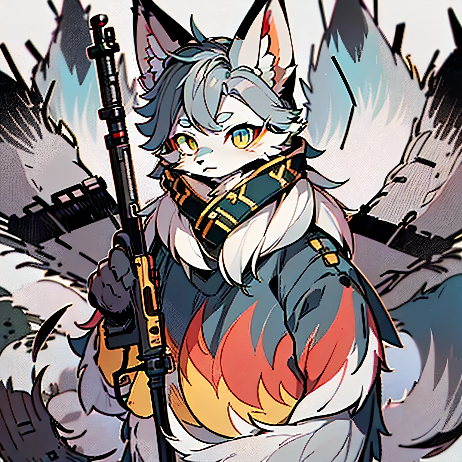 (Best Picture Quality)、(A masterpiece)、(Focus on the details)、(Furry animals)、(Male Arctic fox:1.5)、(Gray fur:1.3)、(Fluffy tail:1.2)、(Golden eyes)、(sharp talons)、(Gray ears)、(A serious expression)、(Sharp focus)、(Furry animal ear texture)、((special forces))、((holding rifle))、((Stand next to the destroyed tank)),(Blue-pink clothes）。