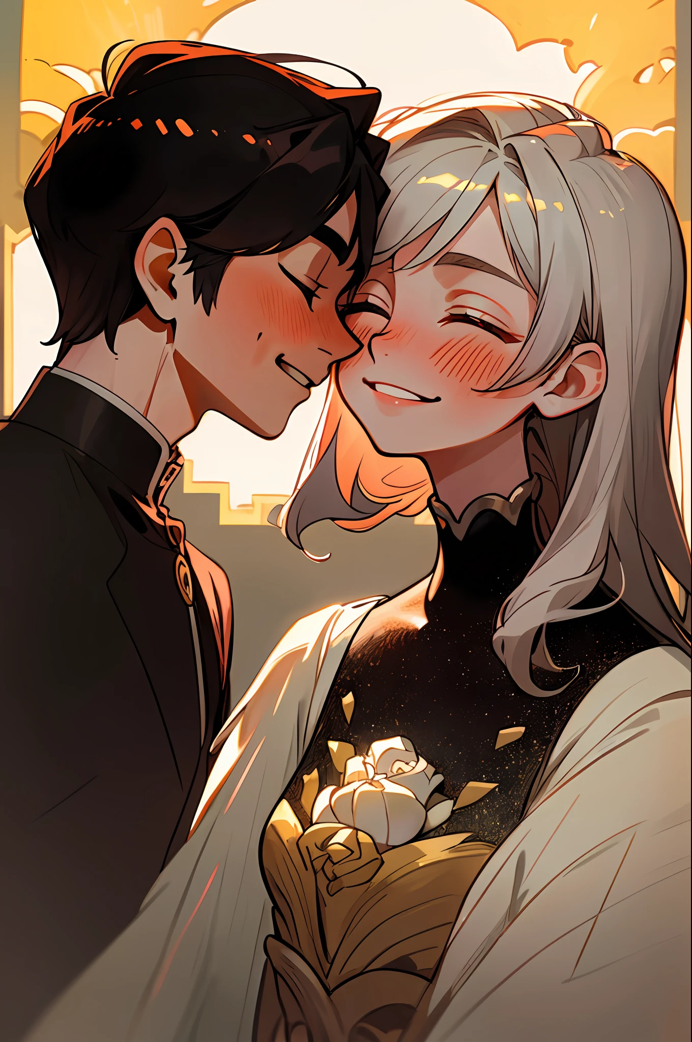 "An exquisite masterpiece, with the best quality. Focus on a cute couple, face-to-face and smiling. Upper body shot with a slight blush, showcasing the size difference. Closed eyes to enhance the romantic atmosphere."