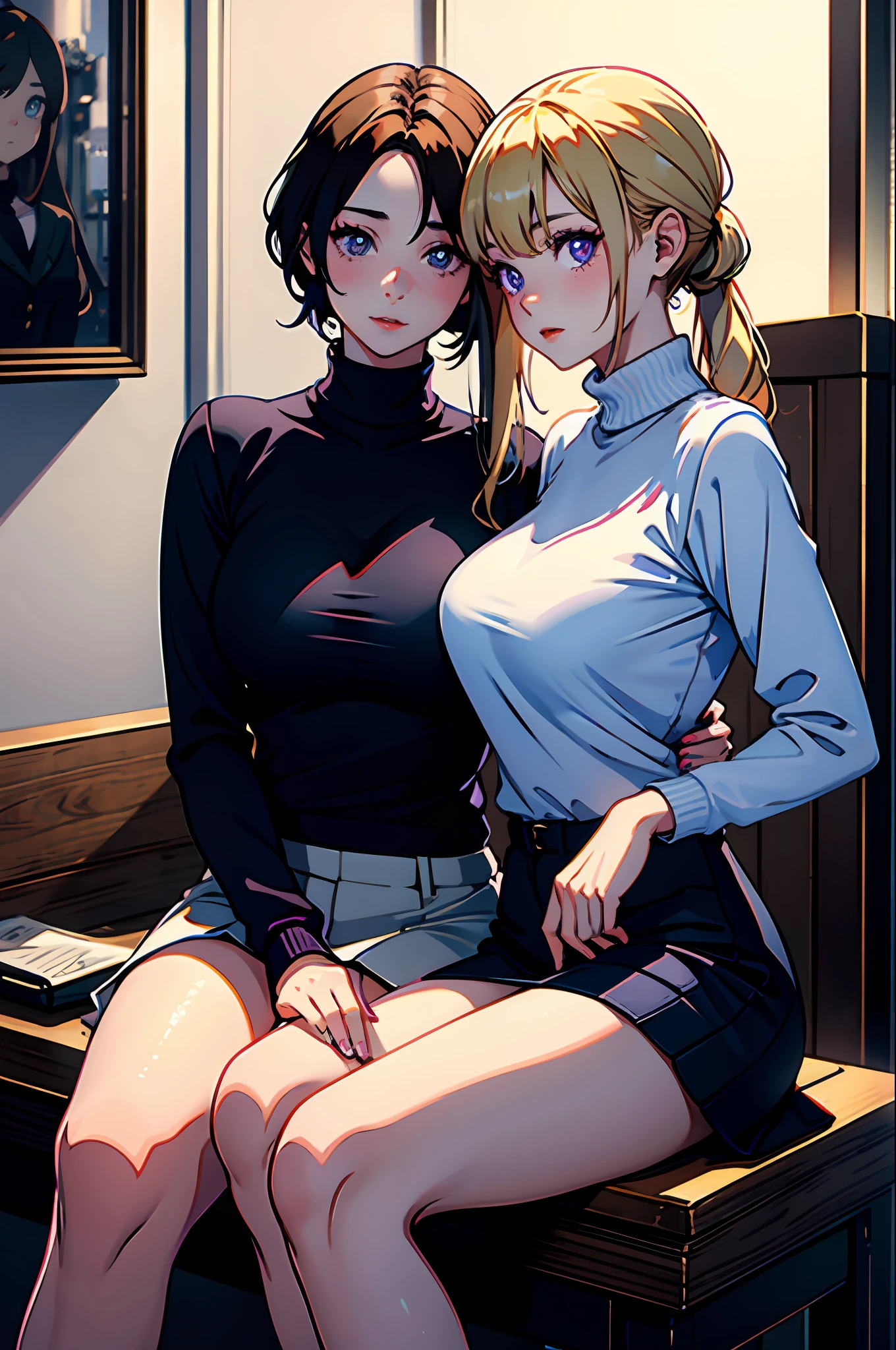 1girls, Delicate and beautiful face, get blush, Purple pupils,golden hair,long haired,High ponytail, Plump chest,Convex buttocks,White turtleneck sweater vest, black miniskirt,Knee-length black socks,perfectly proportioned, Detailed clothing details, inside a room,Surrounding males,Cinematic lighting, filmgrain, Fujicolor, light and darkcontrast, 8K, 巨作, Textured skin, Super detail, hight details, High quality, high resolusion,