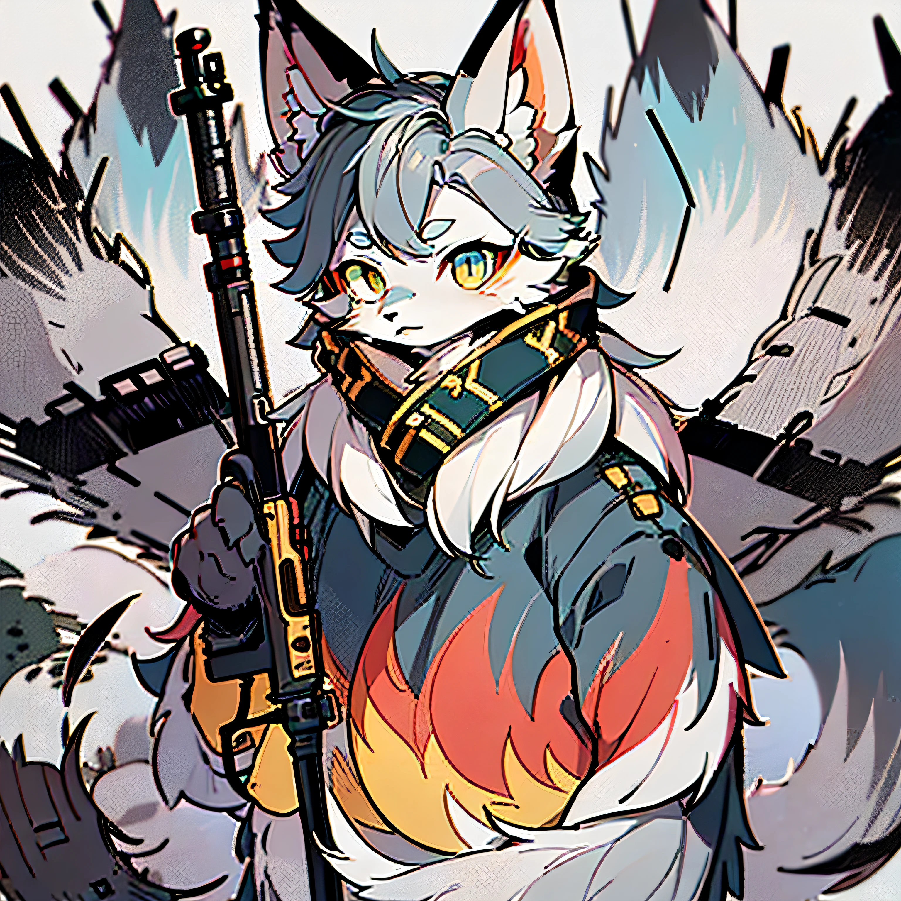 (Best Picture Quality)、(A masterpiece)、(Focus on the details)、(Furry animals)、(Male Arctic fox:1.5)、(Gray fur:1.3)、(Fluffy tail:1.2)、(Golden eyes)、(sharp talons)、(Gray ears)、(A serious expression)、(Sharp focus)、(Furry animal ear texture)、((special forces))、((holding rifle))、((Stand next to the destroyed tank)),(Blue-pink clothes)。