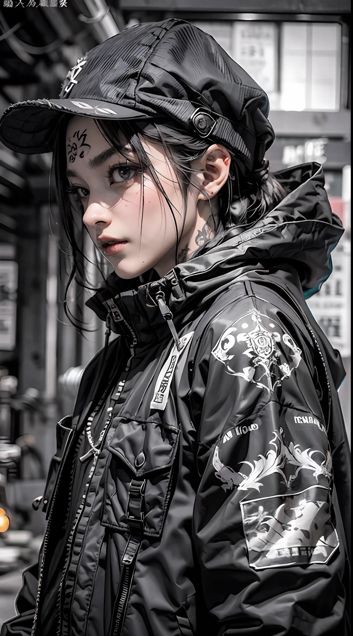 (品质最佳, 巨作)OriginalPhotographs,Fisheyes(rapper with dread hair, tattooed,mechanic arms)techwear jacket,Hood,scrolls,black and white clothes,Very detailed,Cinematic,Glow,ultrasharp,Particle