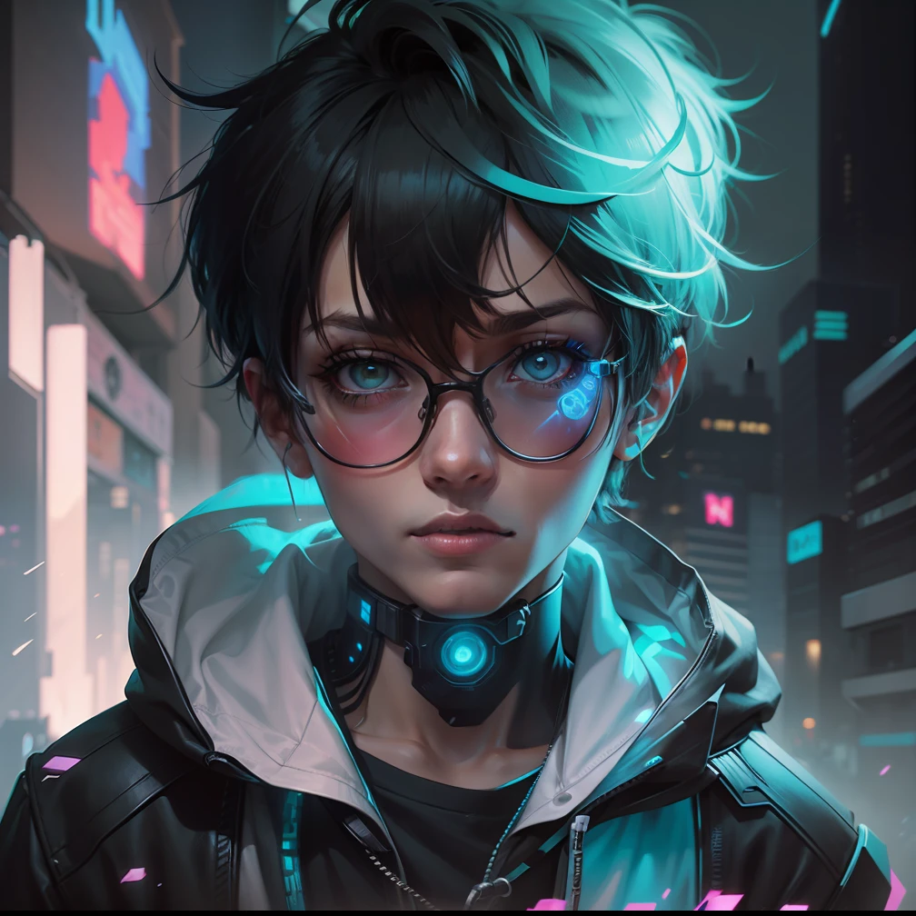 Cyber boy with futuristic glasses in front of a city, cyberpunk art style, cyberpunk vibes, cyberpunk theme art, cyberpunk anime digital art, cyberpunk artstyle, digital cyberpunk - anime art, cyberpunk style, detailed cyberpunk illustration, advanced digital cyberpunk art, dreamy