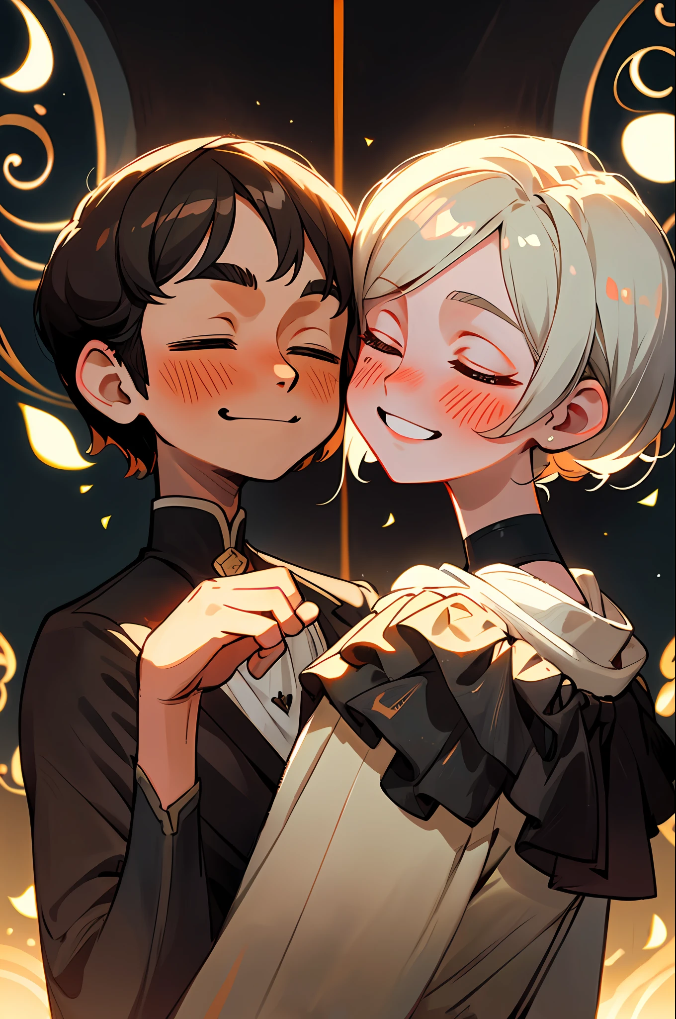 "An exquisite masterpiece, with the best quality. Focus on a cute couple, face-to-face and smiling. Upper body shot with a slight blush, showcasing the size difference. Closed eyes to enhance the romantic atmosphere."