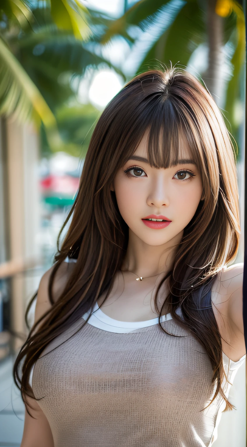((Realistic lighting、beste Quality、8K、Master Masterpiece:1.3))、Clear focus:1.2、a 1 girl、Perfect Body Beauty:1.4、Slim abs:1.1、a whole body、((darkbrown hair、a large breast:1.3))、(Acceleration:1.4)、(al fresco、Daylight:1.1)、View of Waikiki Beach、Palm Tree、Slender face、Fine eyes、Double eyelidd、poses of fashion models、Floating hair、T‐shirt、Pendants、