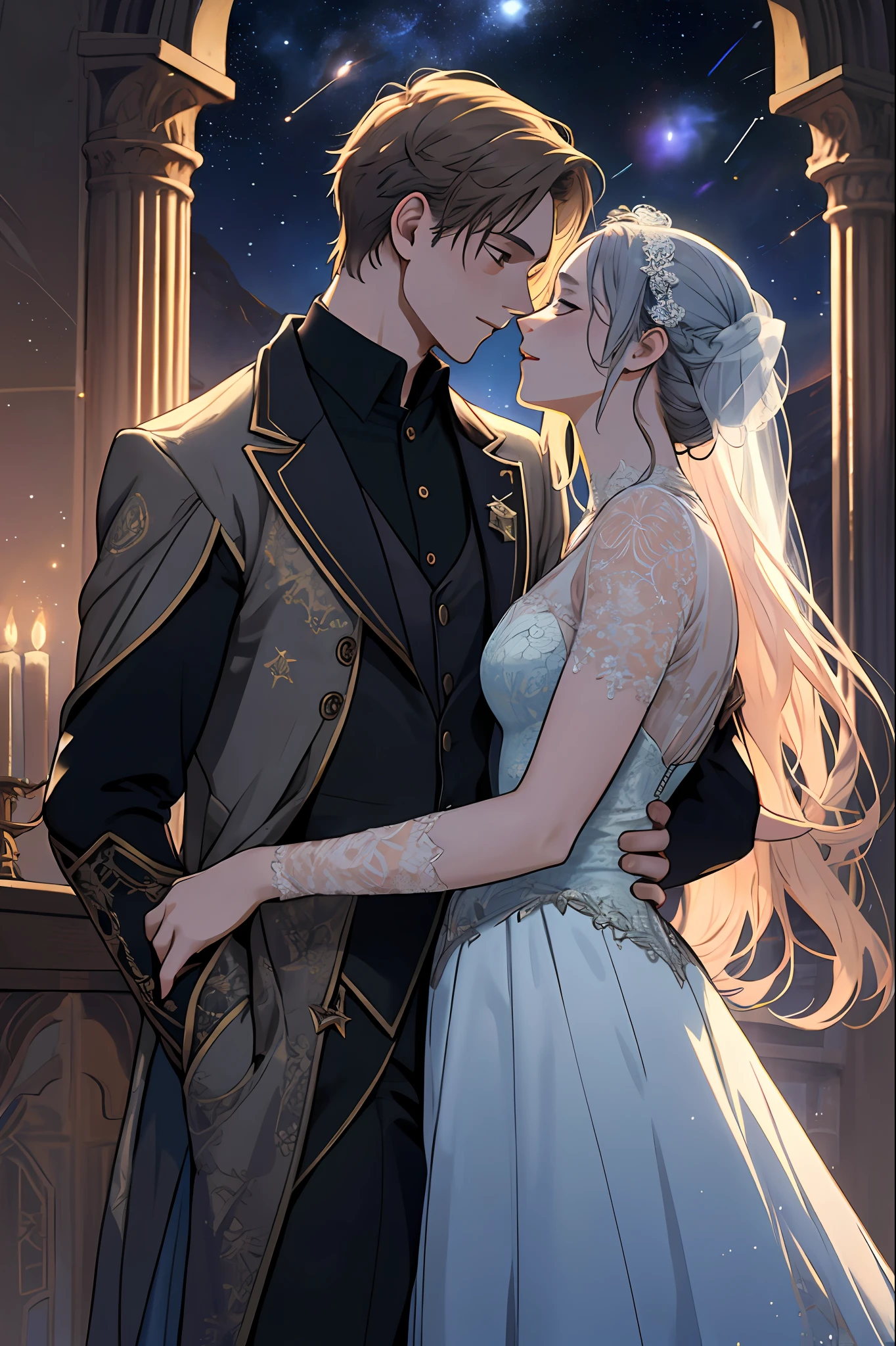 "An exquisite masterpiece, with the best quality. Focus on a cute couple, face-to-face and smiling. Upper body shot with a slight blush, showcasing the size difference. Closed eyes to enhance the romantic atmosphere."