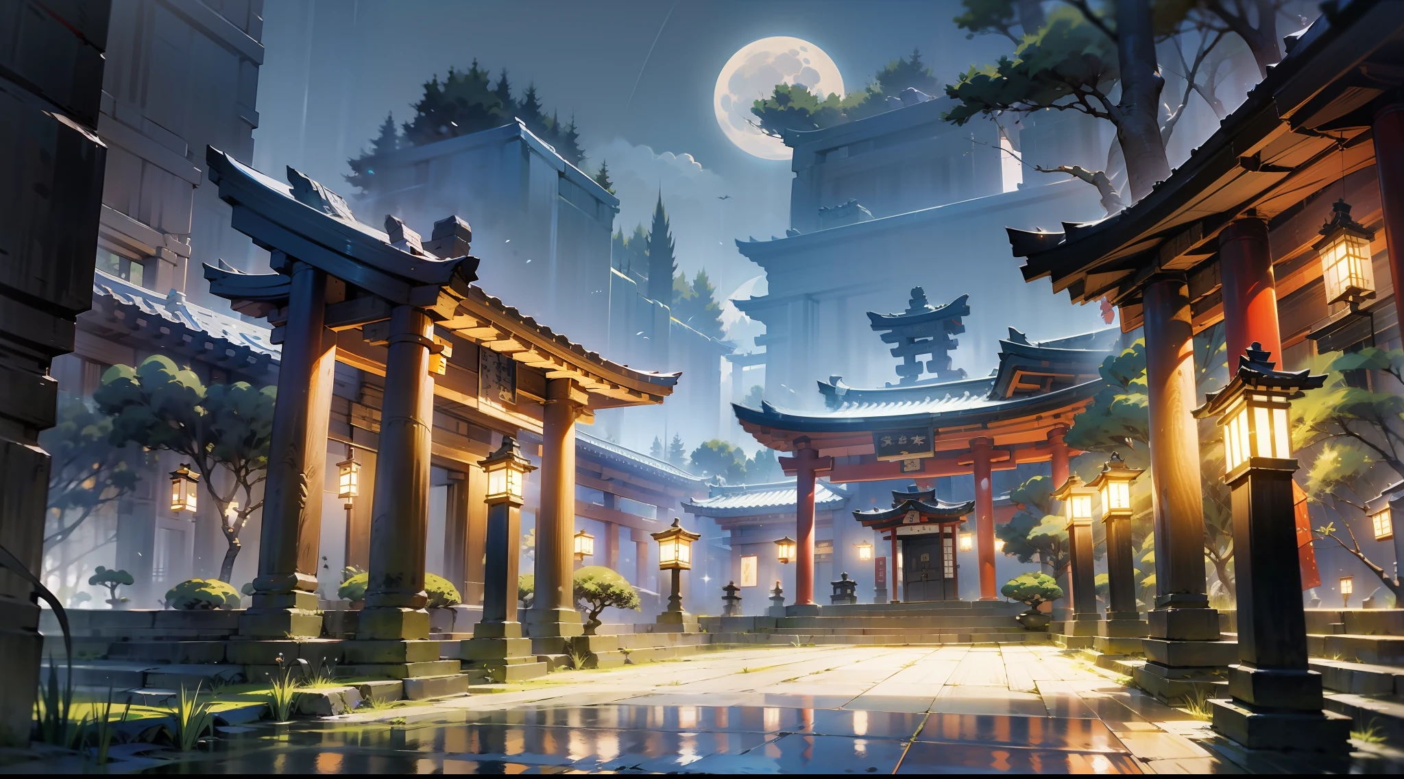 Japanese anime scene design，Ancient shrine at night，（Night，fireflys，As estrelas，The moon，hillside，massive trees，Wisteria flowers），Quiet and elegant atmosphere，Delicate and soft painting style，Cinematic lighting effects，HD picture quality，abundant detail，32K，Very perfect and unified 8K HD wallpaper，OC rendering sculpture