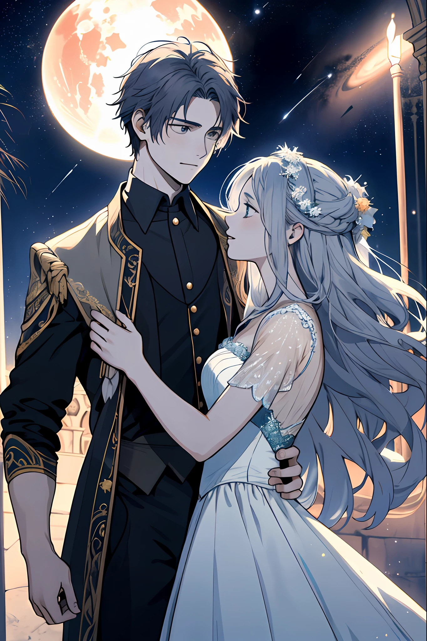 "An exquisite masterpiece, with the best quality. Focus on a cute couple, face-to-face and smiling. Upper body shot with a slight blush, showcasing the size difference. Closed eyes to enhance the romantic atmosphere."