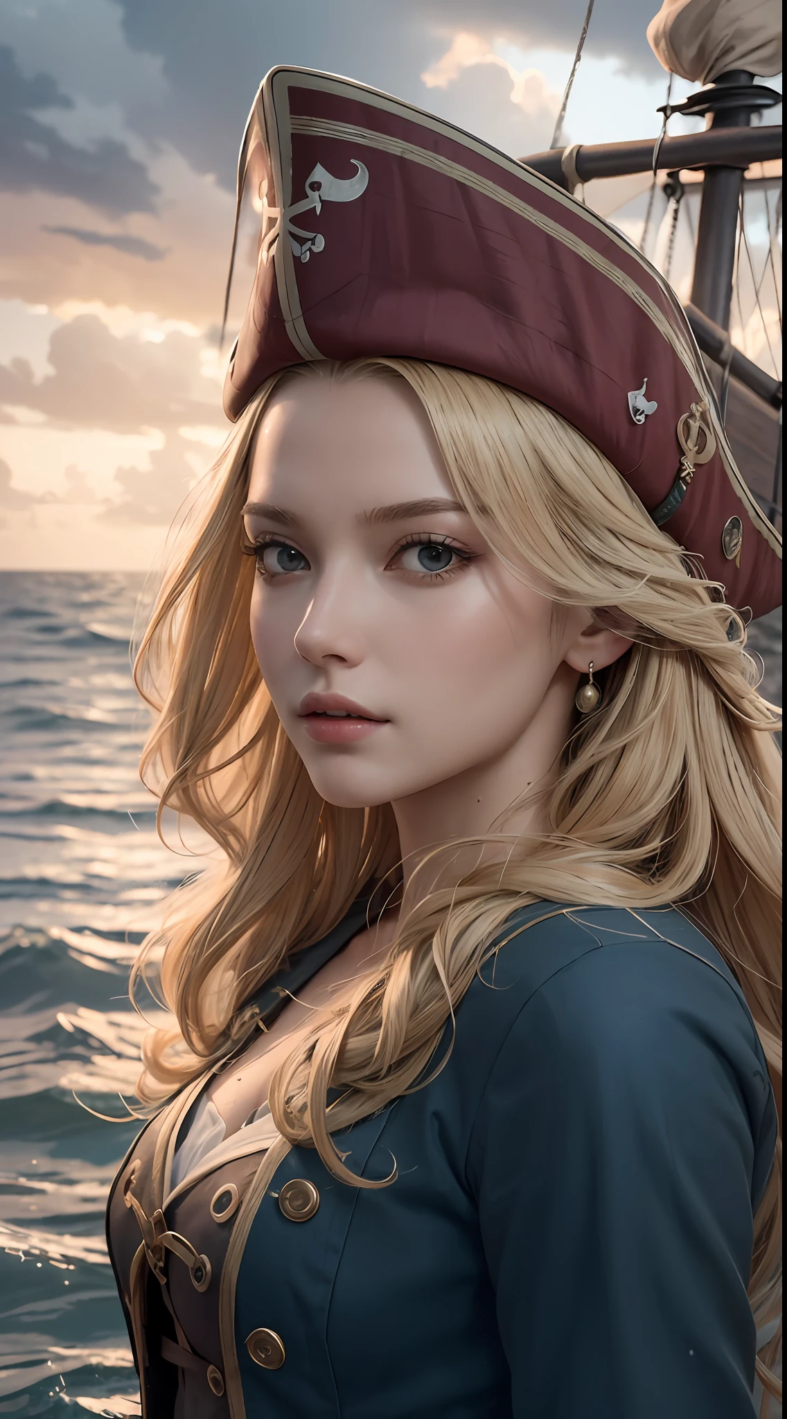 (masterpiece, best quality, award winning, highres), 1 beautiful female pirate, skinny, tall, pirate hat, intricate pirate clothes, intricate and beautiful design, highly detailed beautiful face, blonde wavy hair, detailed flowing hair, on pirate ship, storm, rain, rough sea, island in distant background, detailed background, water splash, extremely CG detail, ultra detail