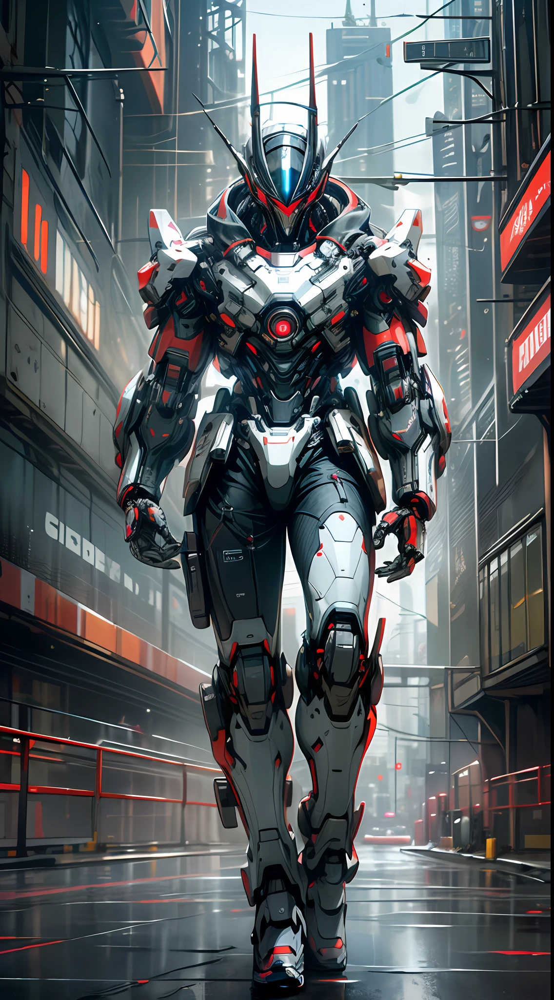 Dark_Fantasy,Cyberpunk, (Best quality, Masterpiece),(Red:1.1),white,1man,Mechanical marvel,Robotic presence,Cybernetic guardian,wearing a cybernetic jacket,city, highest quality digital art, Stunning art, wallpaper 4k, highly detailed