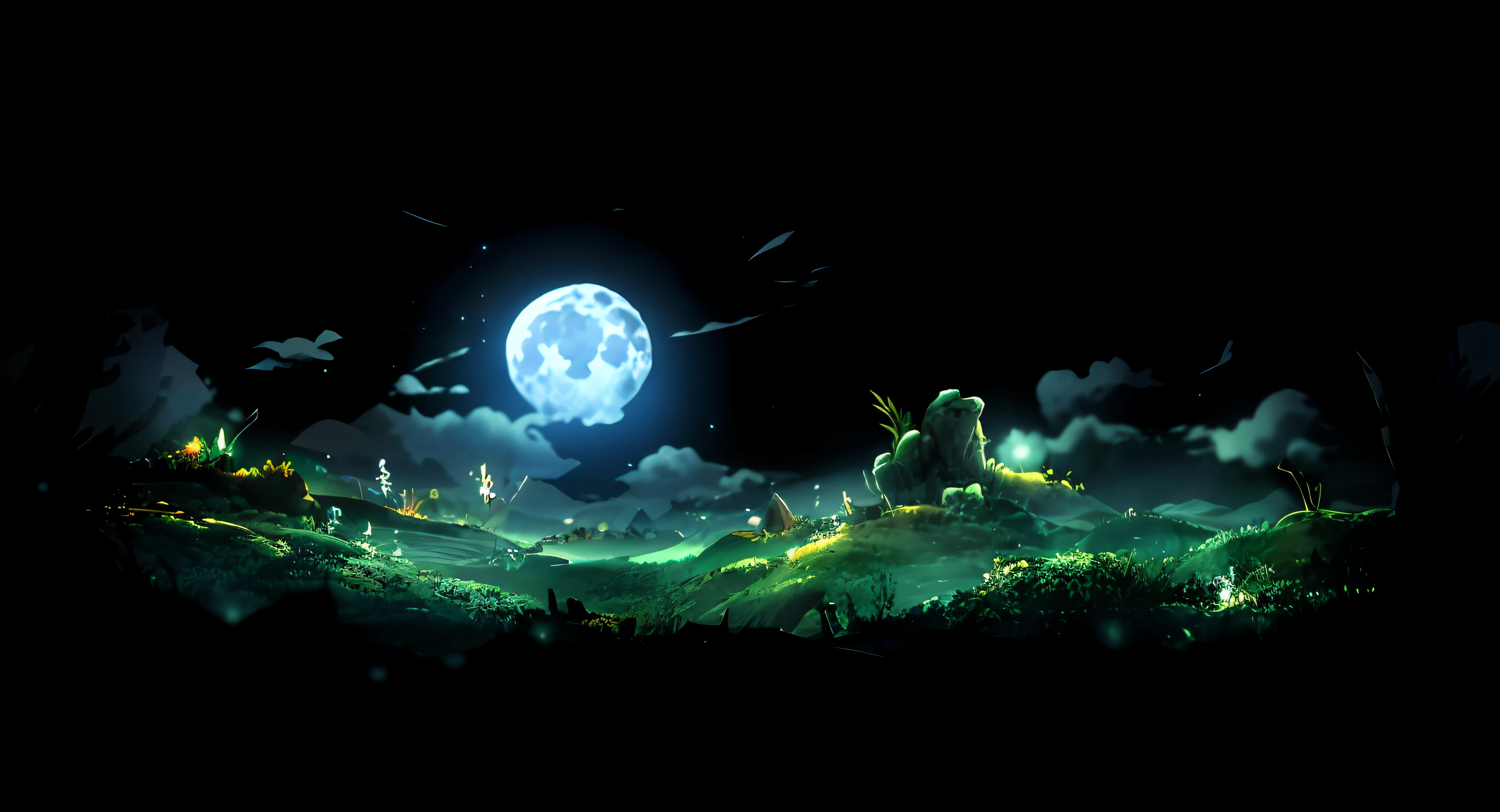 Anime scene in a field of full moon, Night view of distant mountains, background artwork, high quality desktop wallpaper, moonlit night dreamy atmosphere, game background, high-quality wallpaper, moonlit starry sky environment, amazing wallpaper, nighttime nature landscape, calm night. Digital illustration, float under moon light at night, high-quality wallpaper, Mobile game background