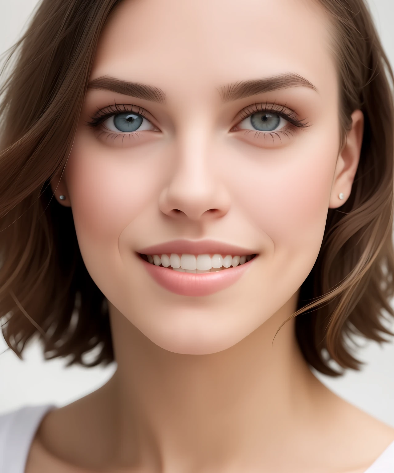 fashion model 25 years old, [[[[closeup]]]], [[[[chest]]]], [[[[neck]]]], [[[[shoulders]]]], perfect eyes, perfect iris, perfect lips, perfect teeth, perfect skin, soft front light, glow, HDR, (muted colors:1.2)