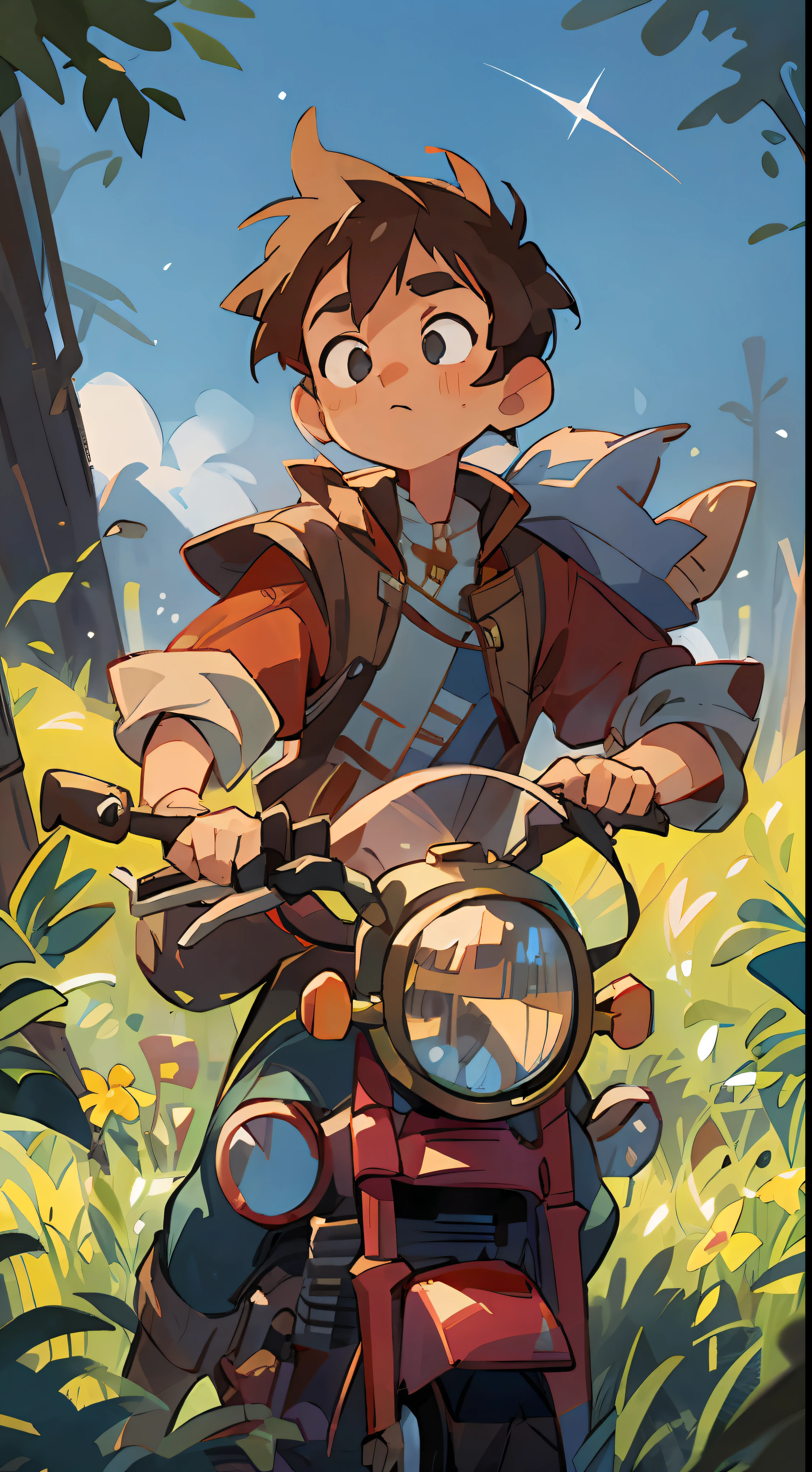 Prairie, a boy, riding a motorcycle, goggles, knight, night, Zelda dressed up, starry