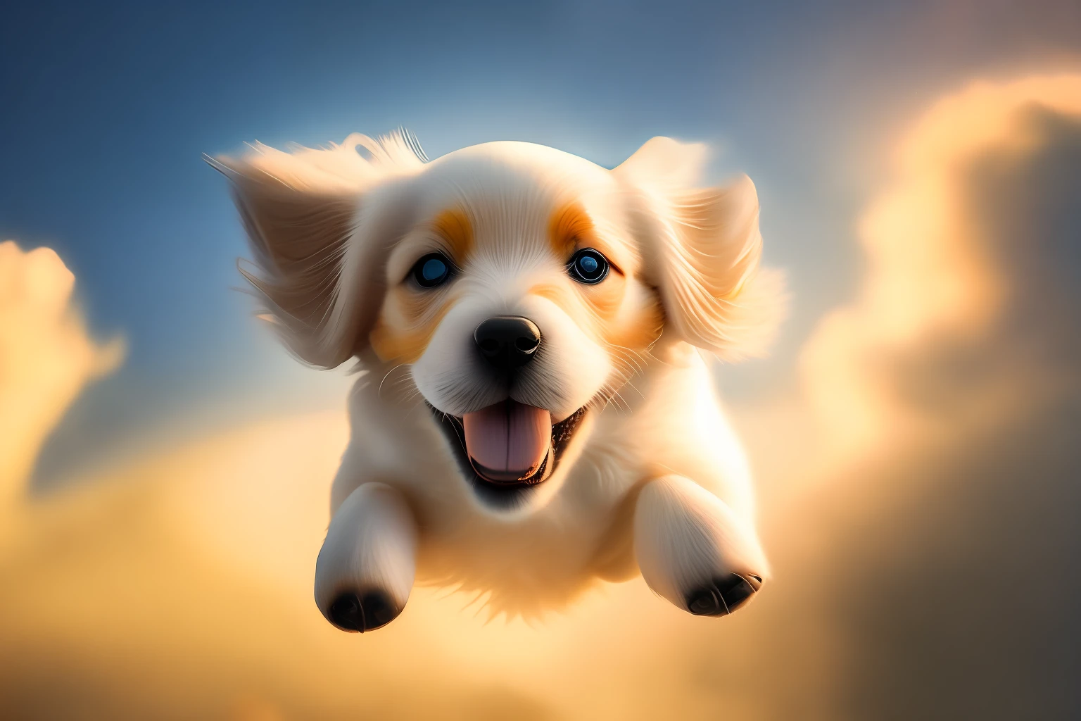 award winning portrait of a flying happy puppy in the clouds, bokeh, backlit