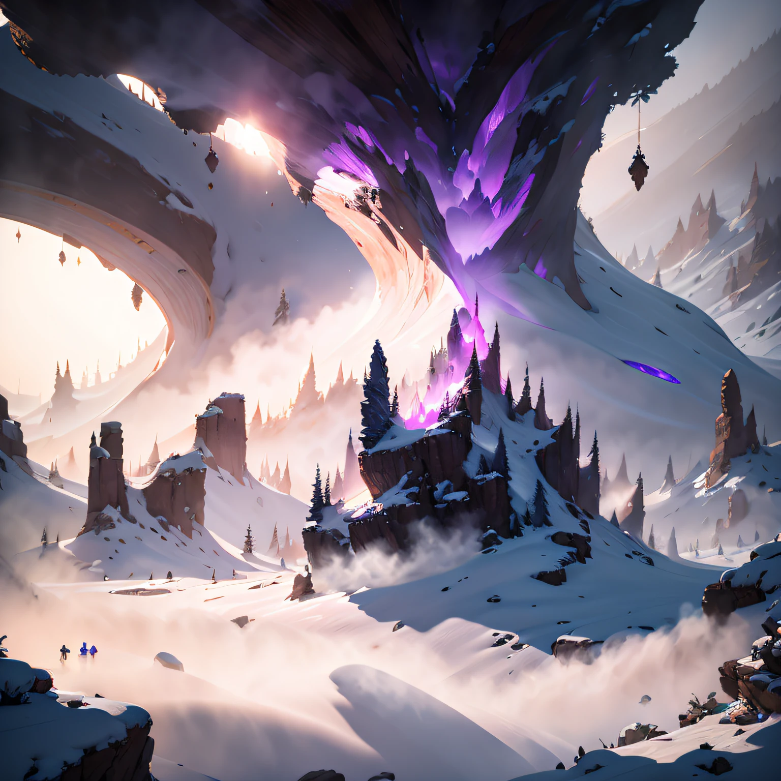 Mohe，canyon，Blizzard，Giant purple-pink monster，Smoke rises，电影光感，The perspective is exaggerated，Magic Cave，Thick fog background，（Giant purple-pink monster）Delicate semi-realistic，raytraced，high-definition，Detail portrayal，The texture is delicate，Complex details，The high-contrast，Panorama composition，Perfect light and shadow，unrealengine，CG rendering，The ultra-great resolution，8K HD，（（（杰作））），（（（best qualitiy））（Ultra detailded）（Detailed lighting）（（unexpressive））（杰作）（best qualitiy）（Ultra detailded）（Detailed light）