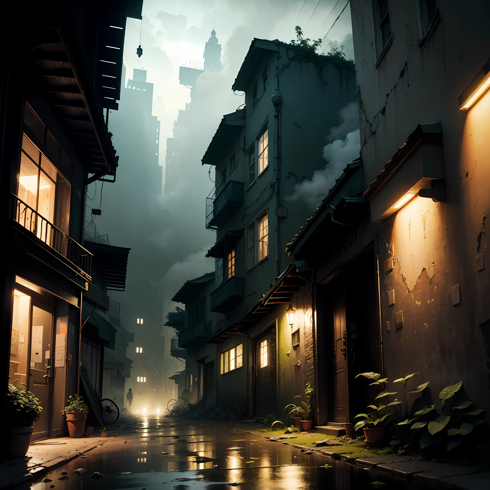 (Armageddon),Dilapidated city,Plants climbing all over the walls ,Night,raining heavily,Black rain,(Fog,dense fog),Dilapidated streets,Dimly lit alley,(gloomy lighting),relic,(Dilapidated buildings),(Uninhabited city),Spooky atmosphere