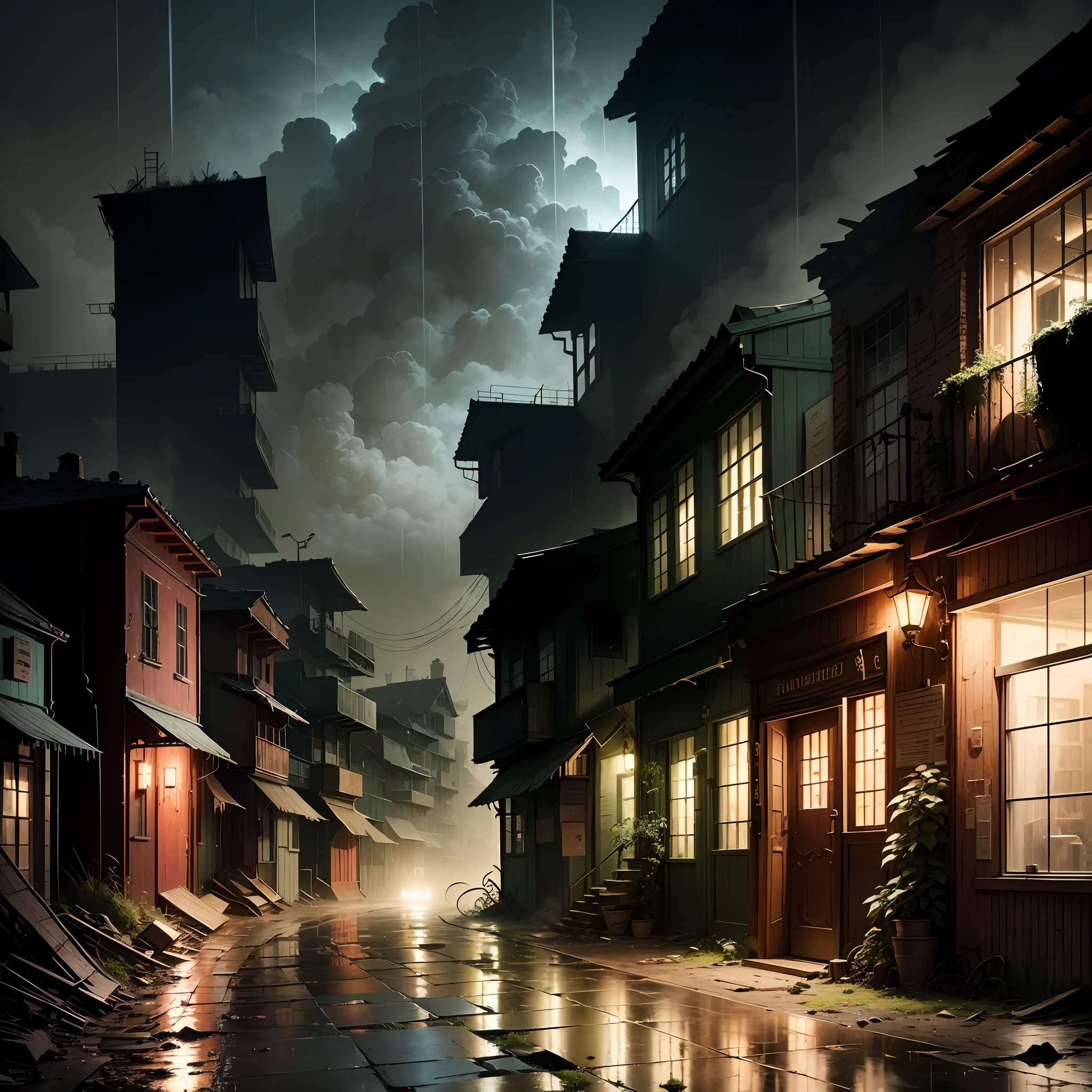 (Armageddon),Dilapidated city,Plants climbing all over the walls ,Night,raining heavily,Black rain,(Fog,dense fog),Dilapidated streets,Dimly lit alley,(gloomy lighting),relic,(Dilapidated buildings),(Uninhabited city),Spooky atmosphere