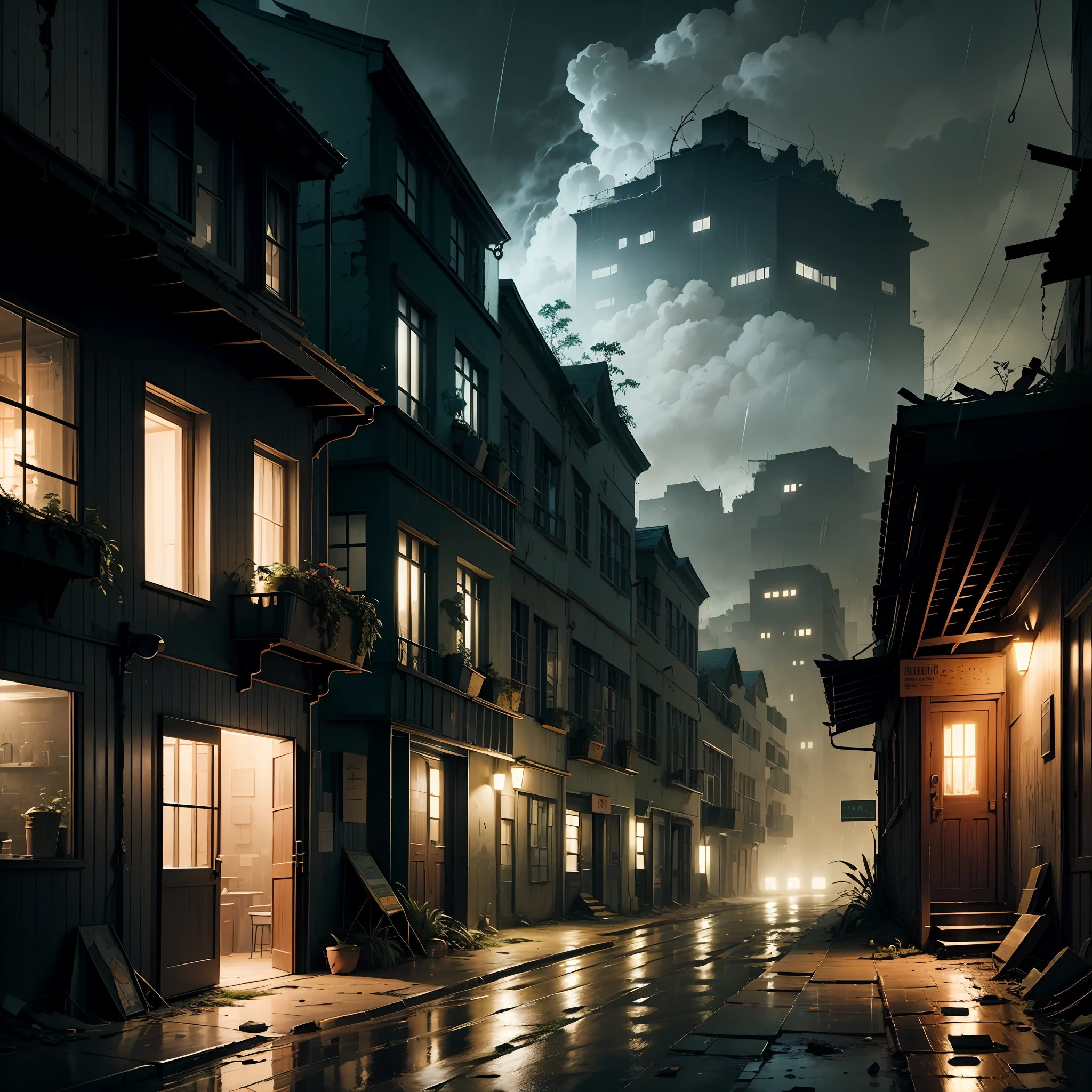 (Armageddon)，Dilapidated city，Plants climbing all over the walls ，Night，raining heavily，Black rain，（Fog，dense fog），Dilapidated streets，Dimly lit alley，（gloomy lighting），relic，(Dilapidated buildings)，(Uninhabited city)，Spooky atmosphere