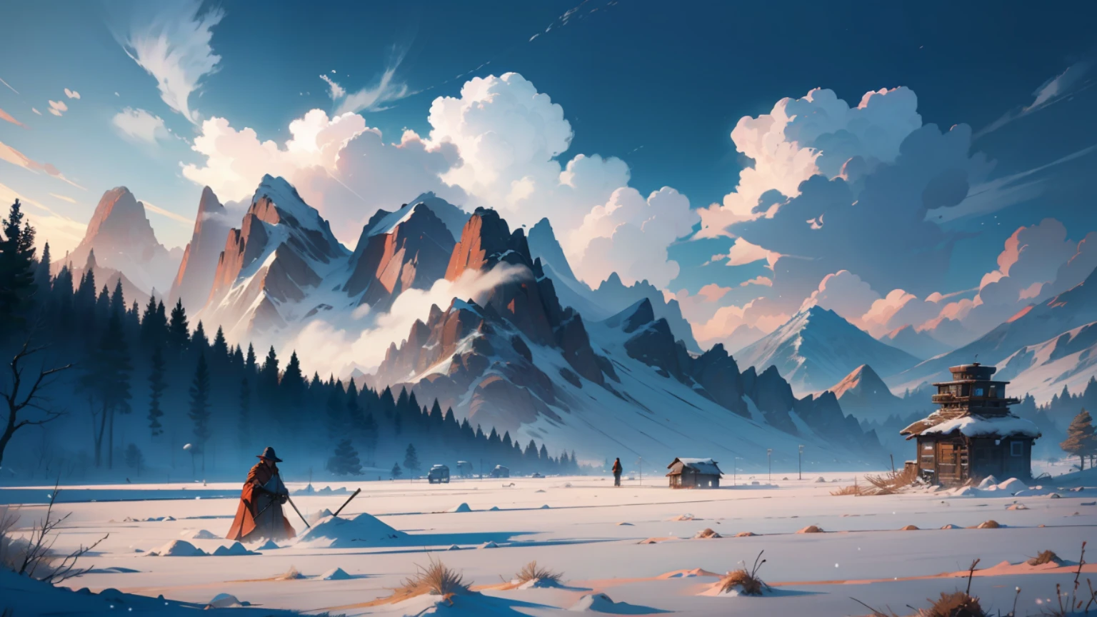 A wasteland under the deserted mountain，A farmer works in a wasteland，Ancient wind，Snow in winter，In the background is a big mountain，Beautiful CG quality，Clear and detailed description，Hearty shots，Rich and superb local details，Intoxicating light and shadow effects，Beautiful and beautiful overall atmosphere