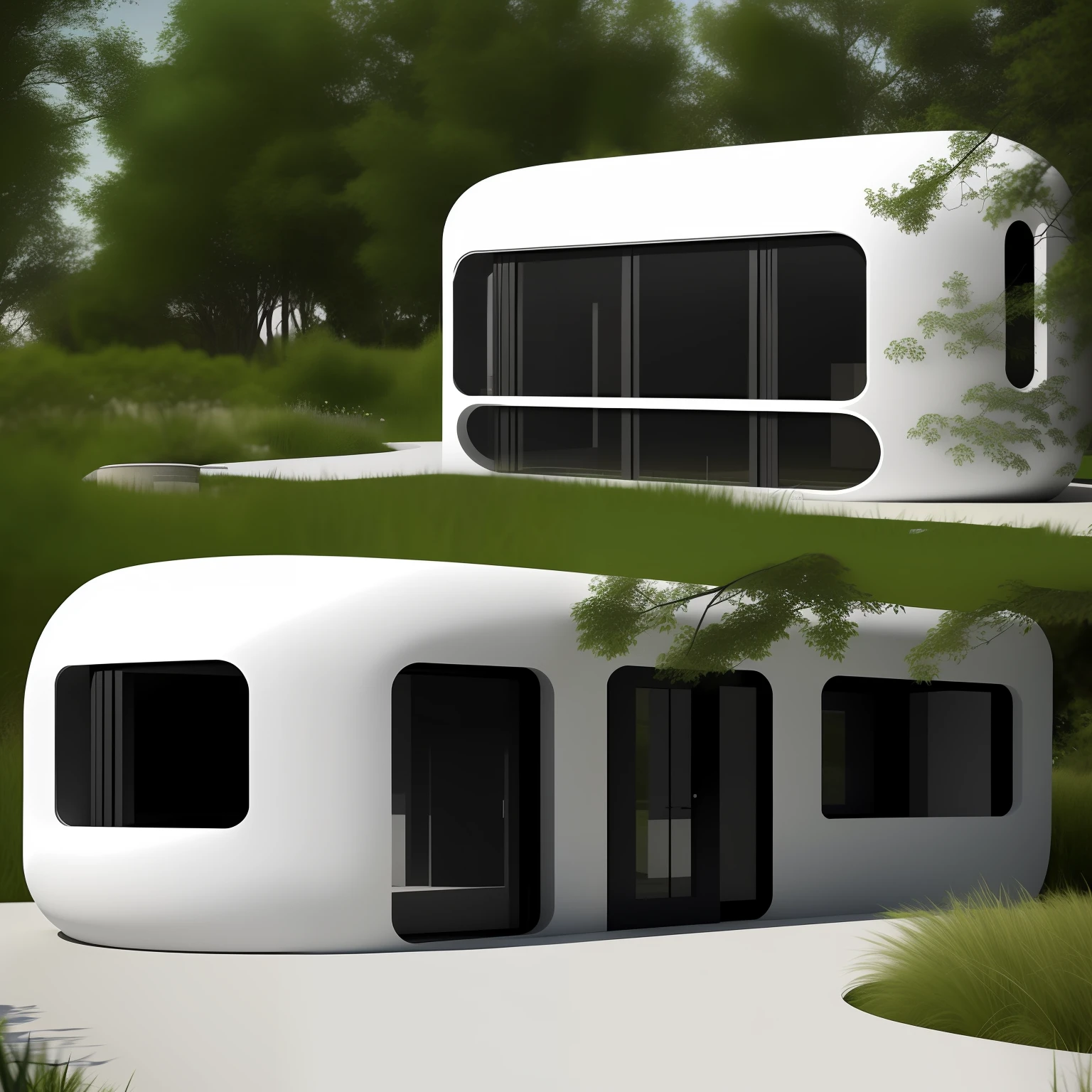 An architectural version of an innovative house 3D printed in space futuristic style with rounded corners and angles, chamfered edges, made of cement and concrete, ornamental organic architecture, in a verdant open area with side sidewalks, parks and public spaces,