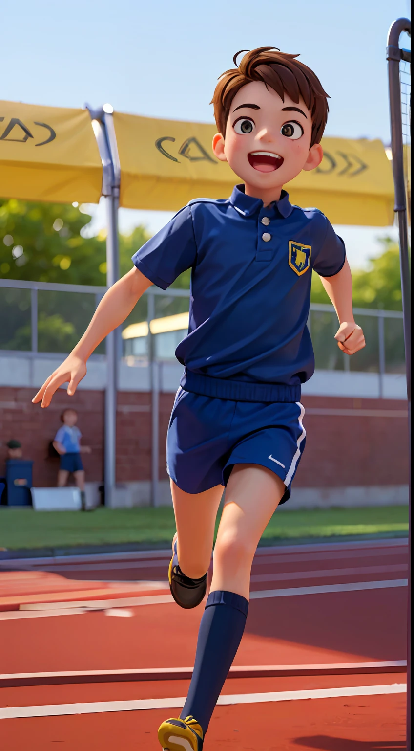 A boy (in the picture ratio 1:2), school uniform, school playground, running track, crossing the finish line, victory, joy, joy, perfect quality, clear focus, (Masterpiece: 1.2) (Realistic: 1.2) (Bokeh) (Best quality) (Detailed skin: 1.3) (Intricate details) (8K) (Detail eyes) (Sharp focus), (Happy)