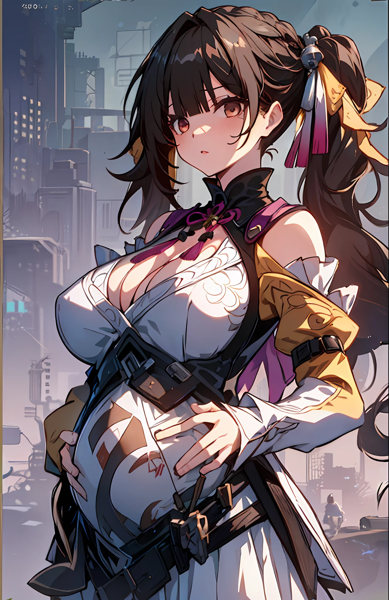 杰作， Best qualified， SushangV4， 1girls， standing alone， long haired， cleavage of the breast，， smalll breasts， hair ornament， long sleeves， puled up dress，， naked shoulders， pigtails， Chinese clothes， Glaive， detailedbackground，pregnant belly，Black silk big breasts