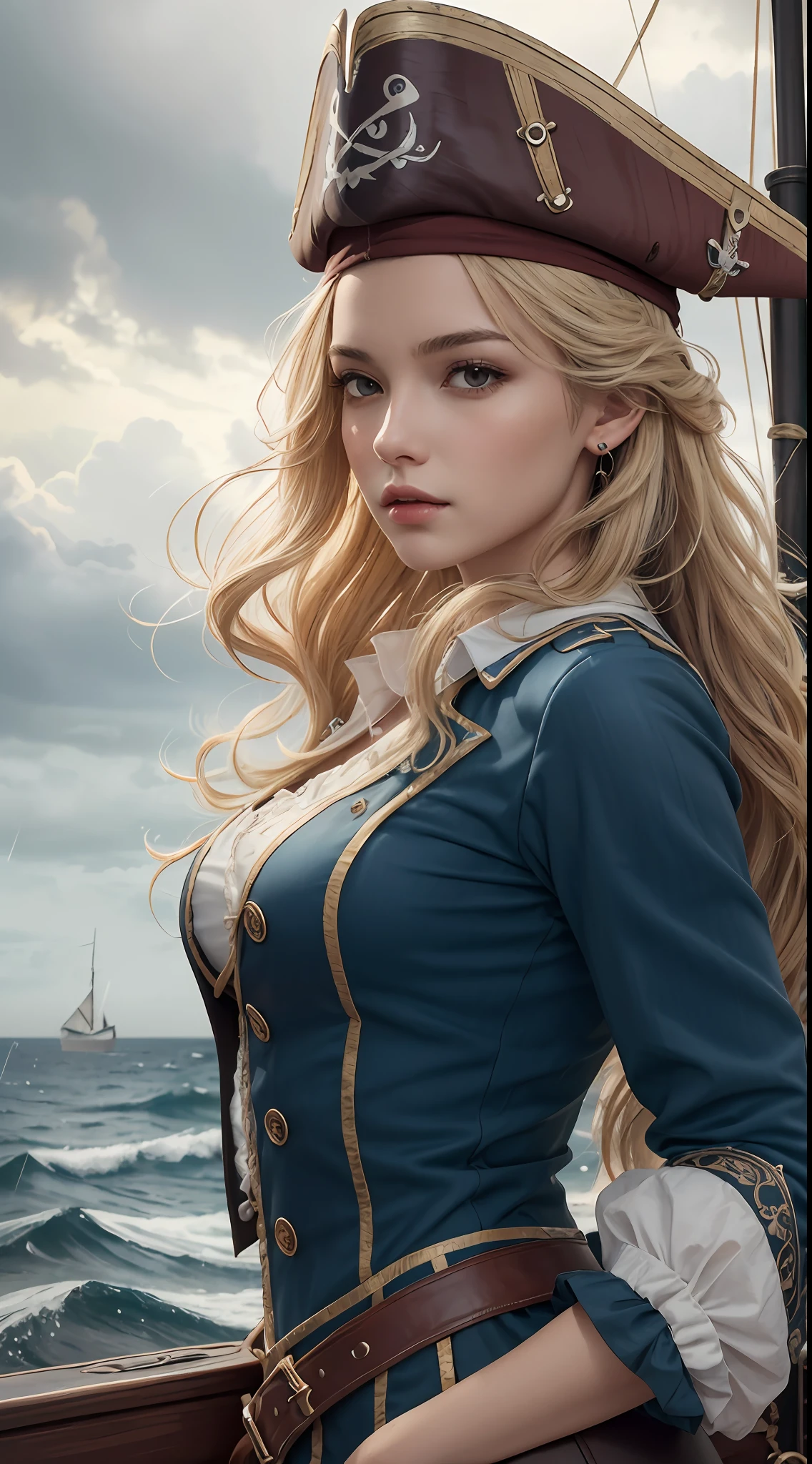 (masterpiece, best quality, award winning, highres), 1 beautiful female pirate, skinny, tall, pirate hat, intricate pirate clothes, intricate and beautiful design, highly detailed beautiful face, blonde wavy hair, detailed flowing hair, on pirate ship, storm, rain, rough sea, detailed background, water splash, extremely CG detail, ultra detail