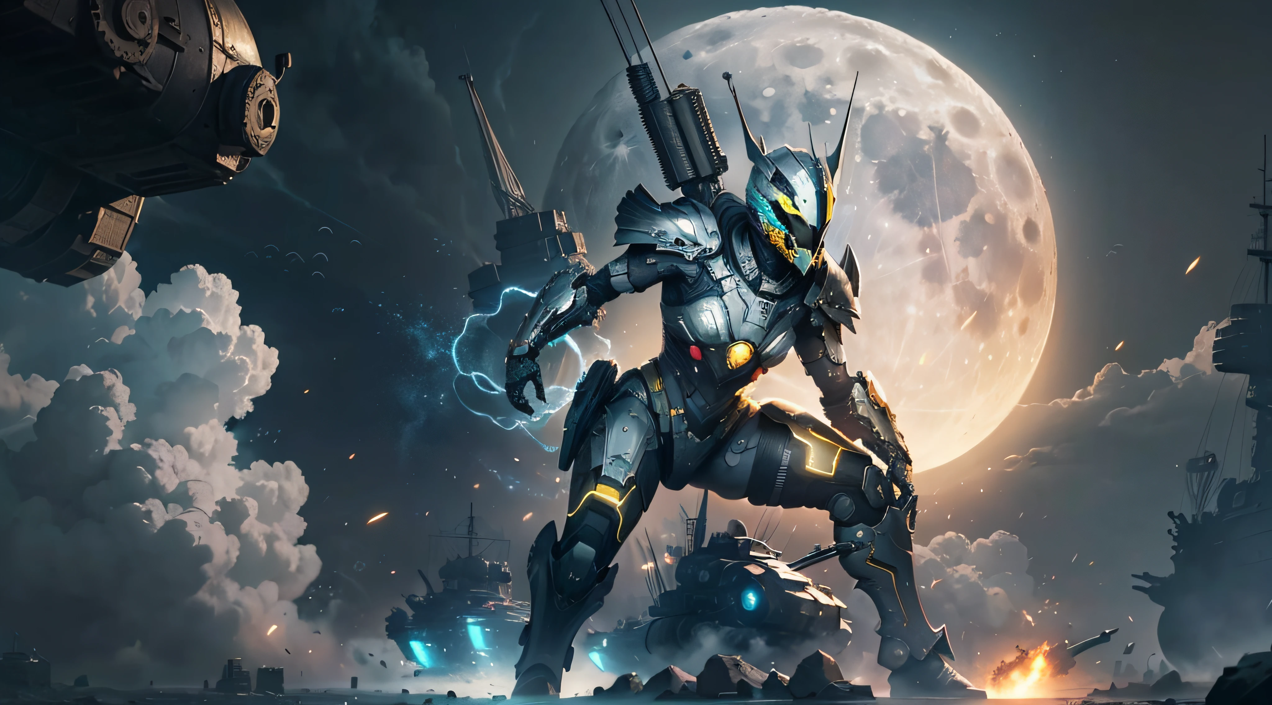 Marine space, Martelo 40,000, mundo em guerra, linda mulher cyberpunk com armadura mecha master chef halo muito detalhado, Mecha Warframe, cores vibrantes, vermelho, Branco, azul, verde, metallic yellow, enferrujada, Usado, sujo de sangue, with sky with clouds and full moon and battleships, corpo inteiro com armadura detalhada, campo de batalha sangrento,