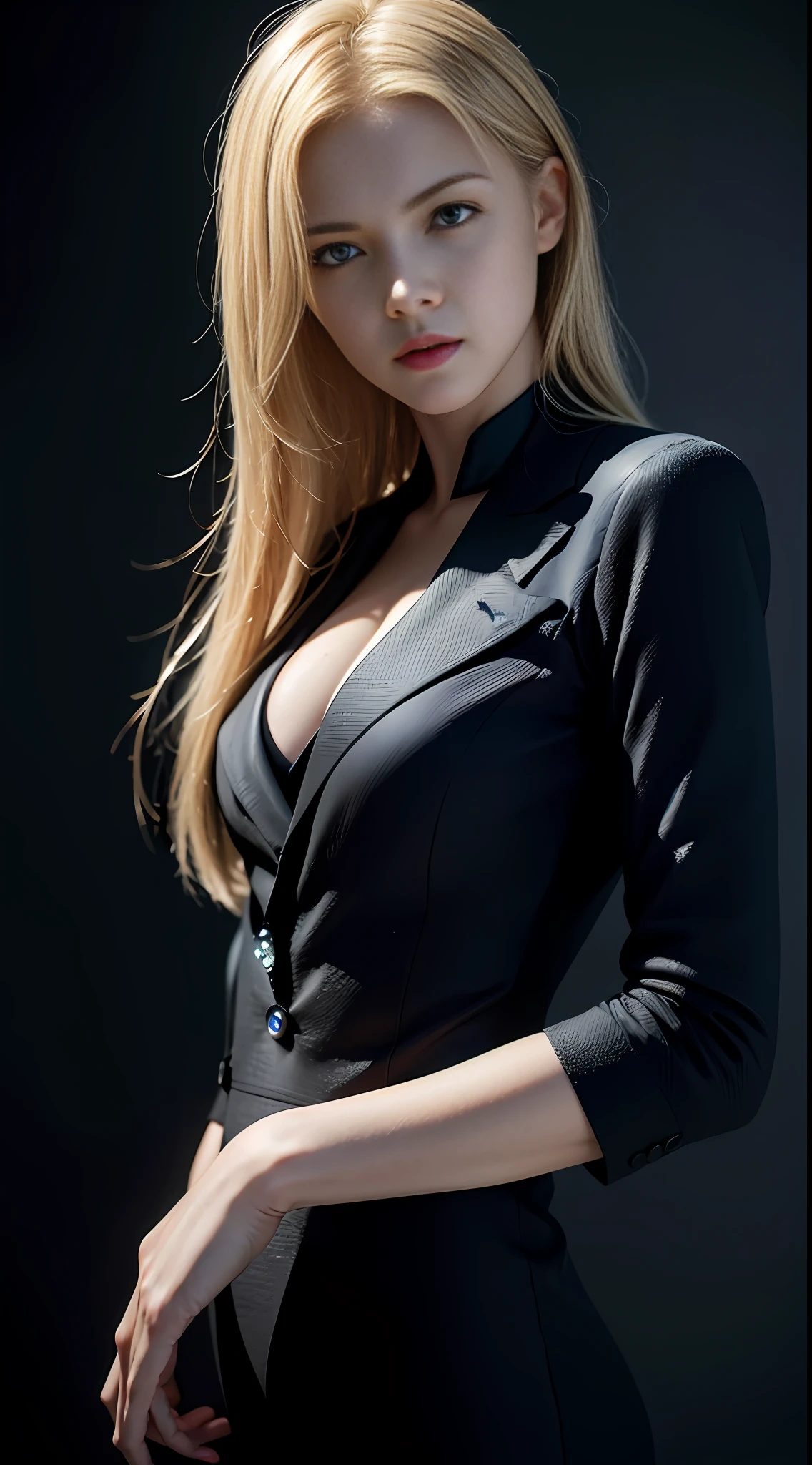 Best quality, masterpiece, ultra high res, (photorealistic:1.4), raw photo, 1girl, blonde hair, blue eyes, detailed eyes and face, black suit, dynamic lighting, in the dark, deep shadow, low key, cowboy shot full-lenght body
