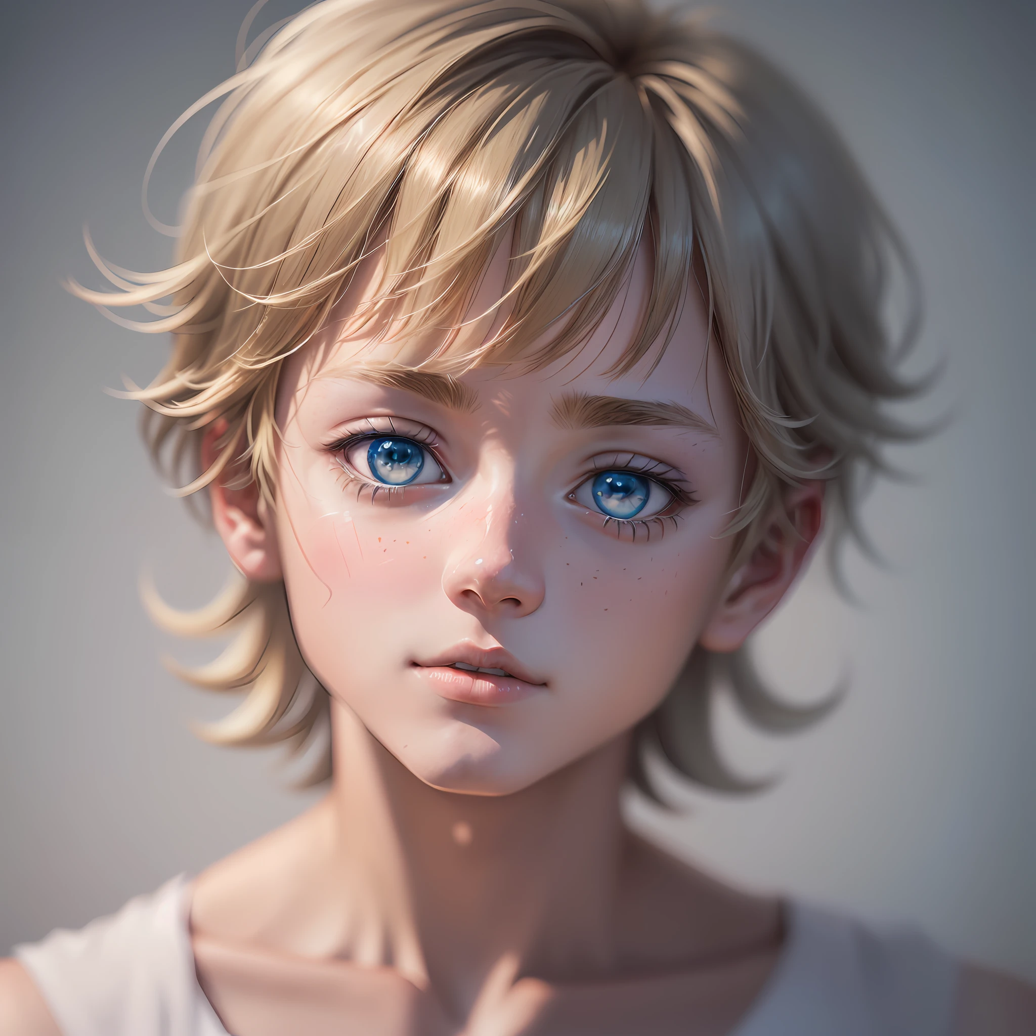 Blonde boy with blue eyes and white vest, realistic anime boy rendering, pastel portrait shot 8k, realistic anime 3 D style, kawaii realistic portrait, 3 d anime realistic, detailed portrait of anime boy, anime realism style, 8k portrait rendering, stunning anime face portrait, anime realism, surreal anime, realistic young anime boy, detailed digital anime art