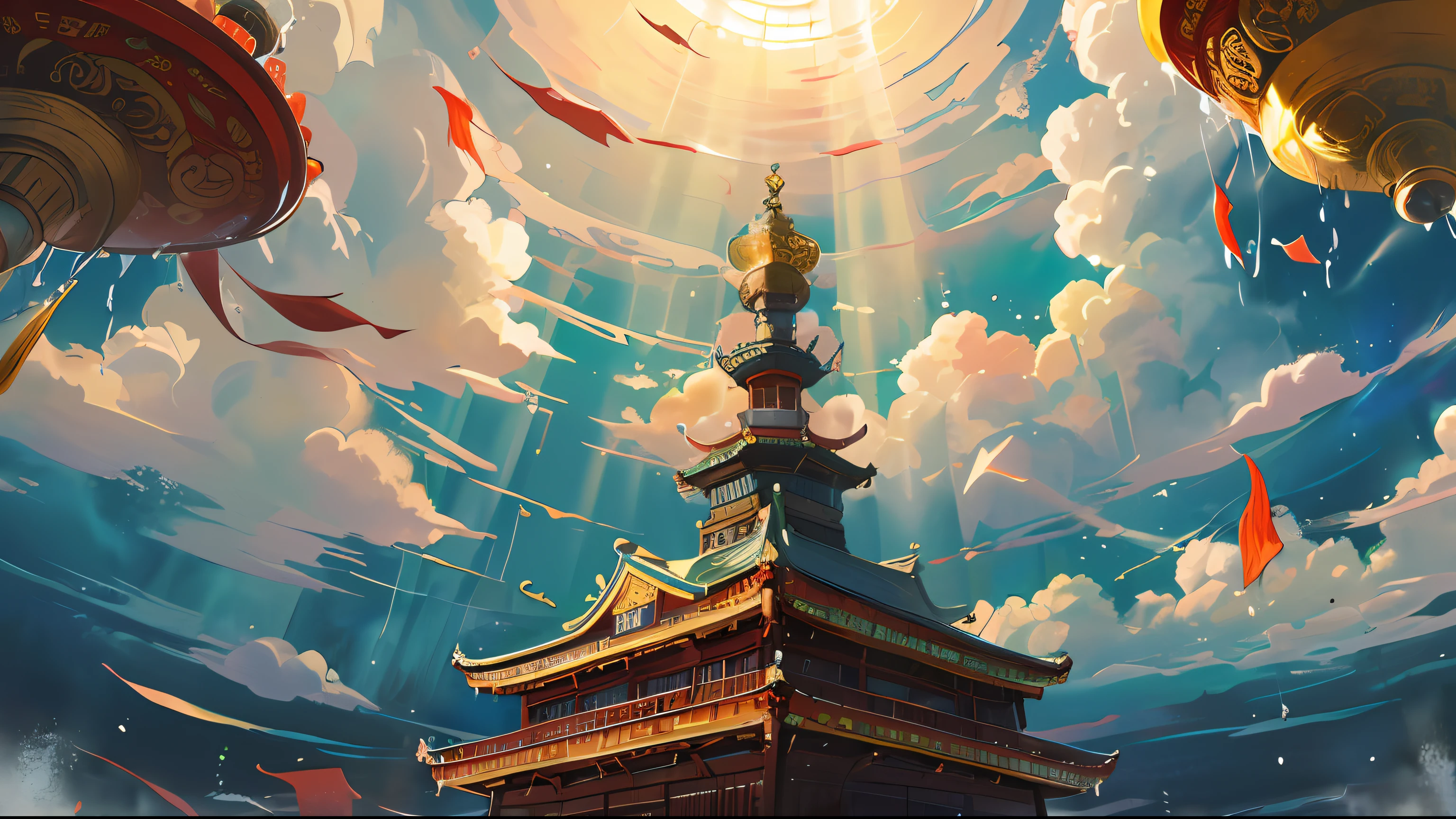 The game scene, the ancient Chinese palace is located above the clouds, Nantianmen, surrounded by clouds and mist, majestic, glazed tiles, Buddha statues, colorful rays of light, ((color ink)),((splash ink)),( (splash ink) ink) ink}) ), masterpiece, high quality, beautiful graphics, high detail --v 6