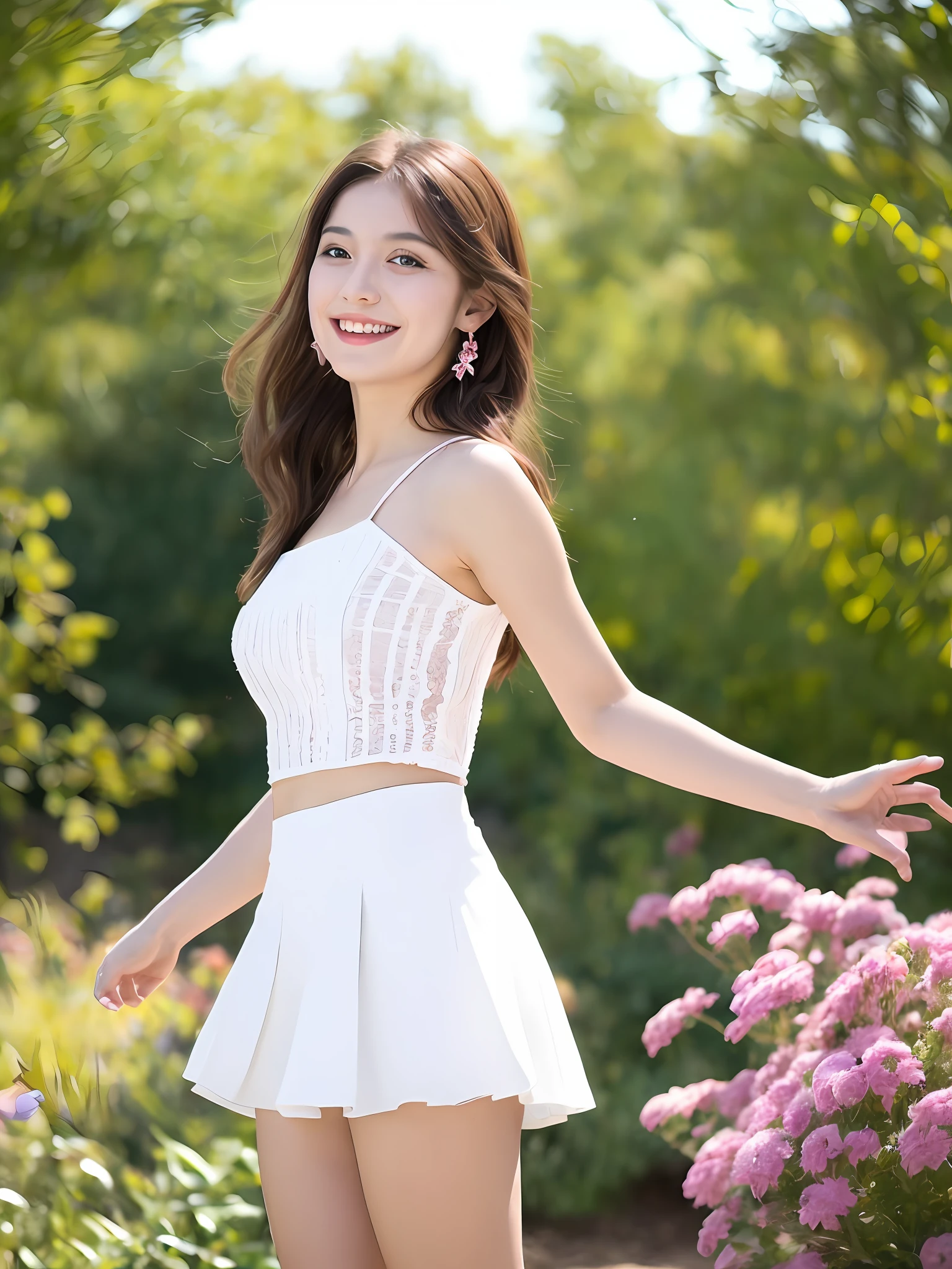 In the garden, 1 girl, hairpins, earrings, jewelry, brown hair, looking at the audience, lips, playful, thighs, full body, white top, short skirt, sweet smile on the face, natural arms, seems to be dancing in harmony with the surroundings. Her breath is full of vitality and vitality, as if her whole body is venting the energy of youth. The whole picture is made more vivid by her presence, making people feel endless joy and vitality.
