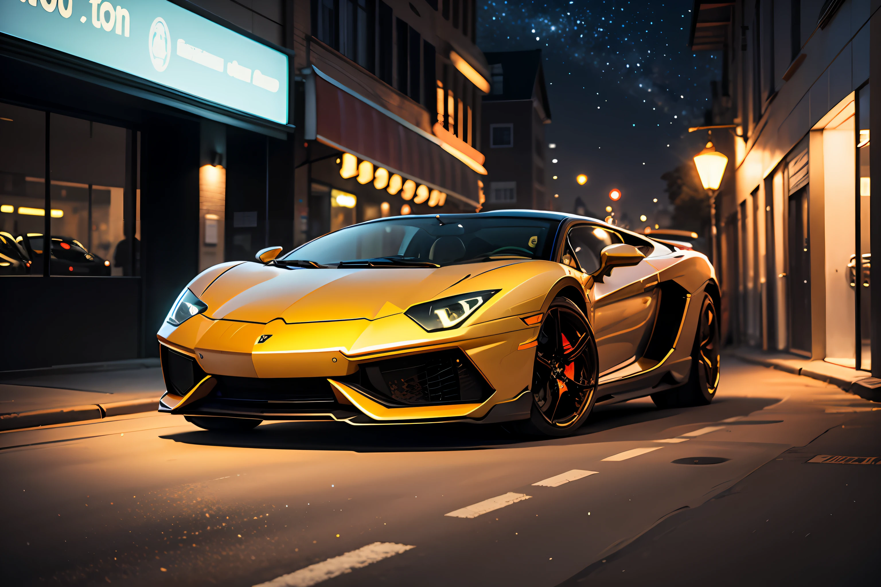 A frontal shot of a GOLDEN LamboAvent at night, neon light under the car