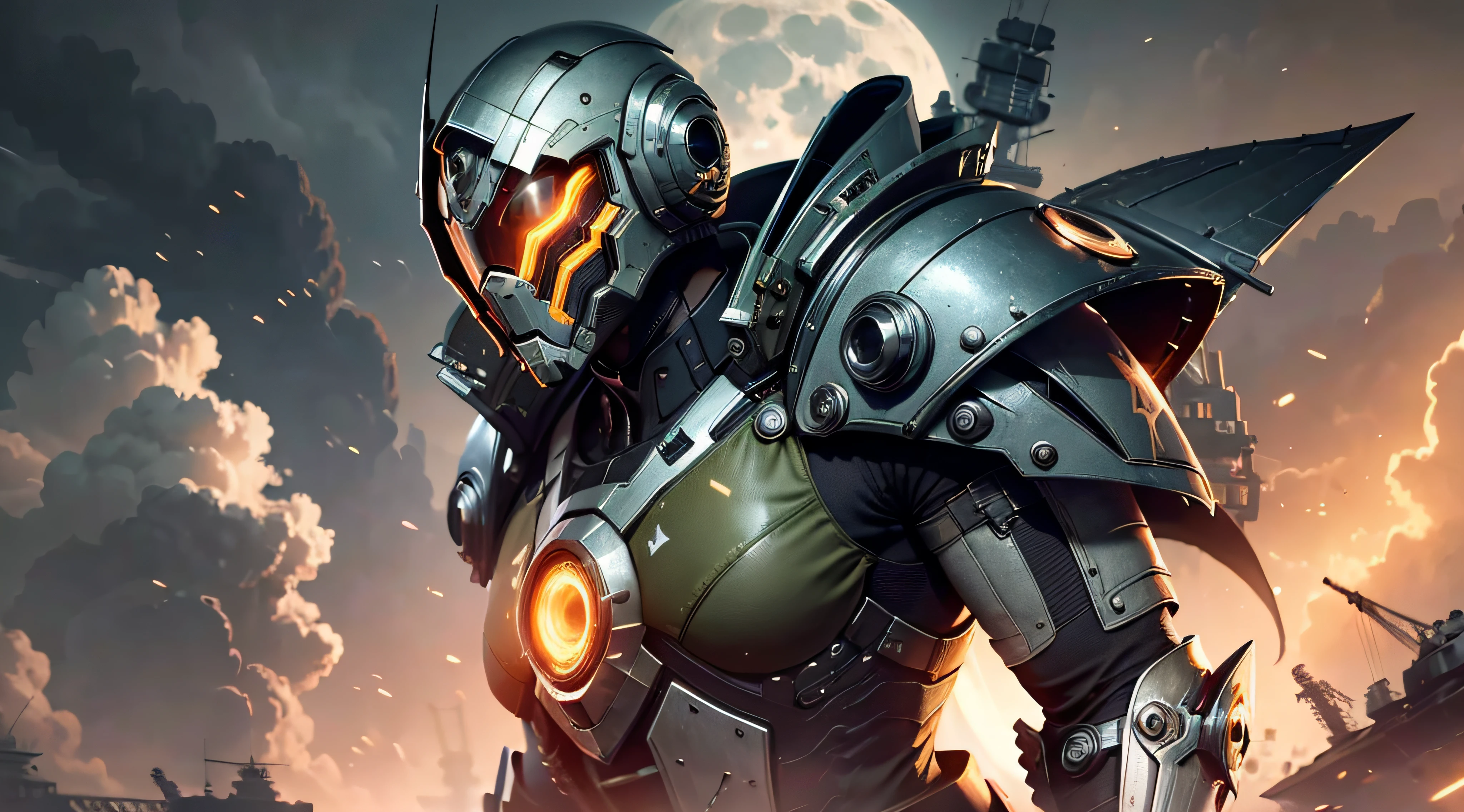 Marine space, Martelo 40,000, mundo em guerra, linda mulher cyberpunk com armadura mecha master chef halo muito detalhado, Mecha Warframe, cores vibrantes, vermelho, Branco, azul, verde, metallic yellow, enferrujada, Usado, sujo de sangue, with sky with clouds and full moon and battleships, corpo inteiro com armadura detalhada, campo de batalha sangrento,