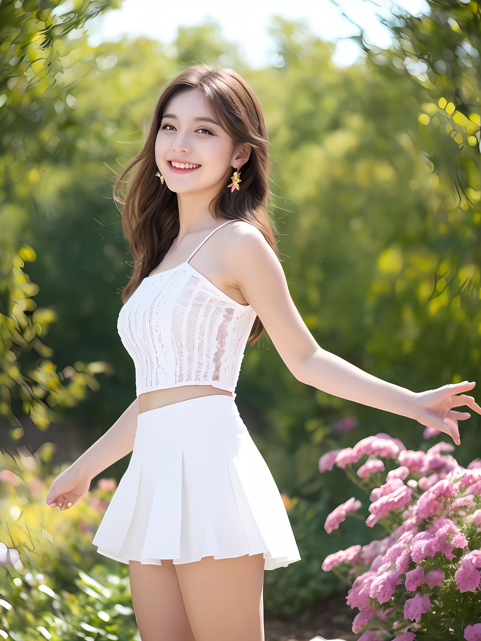 In the garden, 1 girl, hairpins, earrings, jewelry, brown hair, looking at the audience, lips, playful, thighs, full body, white top, short skirt, sweet smile on the face, natural arms, seems to be dancing in harmony with the surroundings. Her breath is full of vitality and vitality, as if her whole body is venting the energy of youth. The whole picture is made more vivid by her presence, making people feel endless joy and vitality.