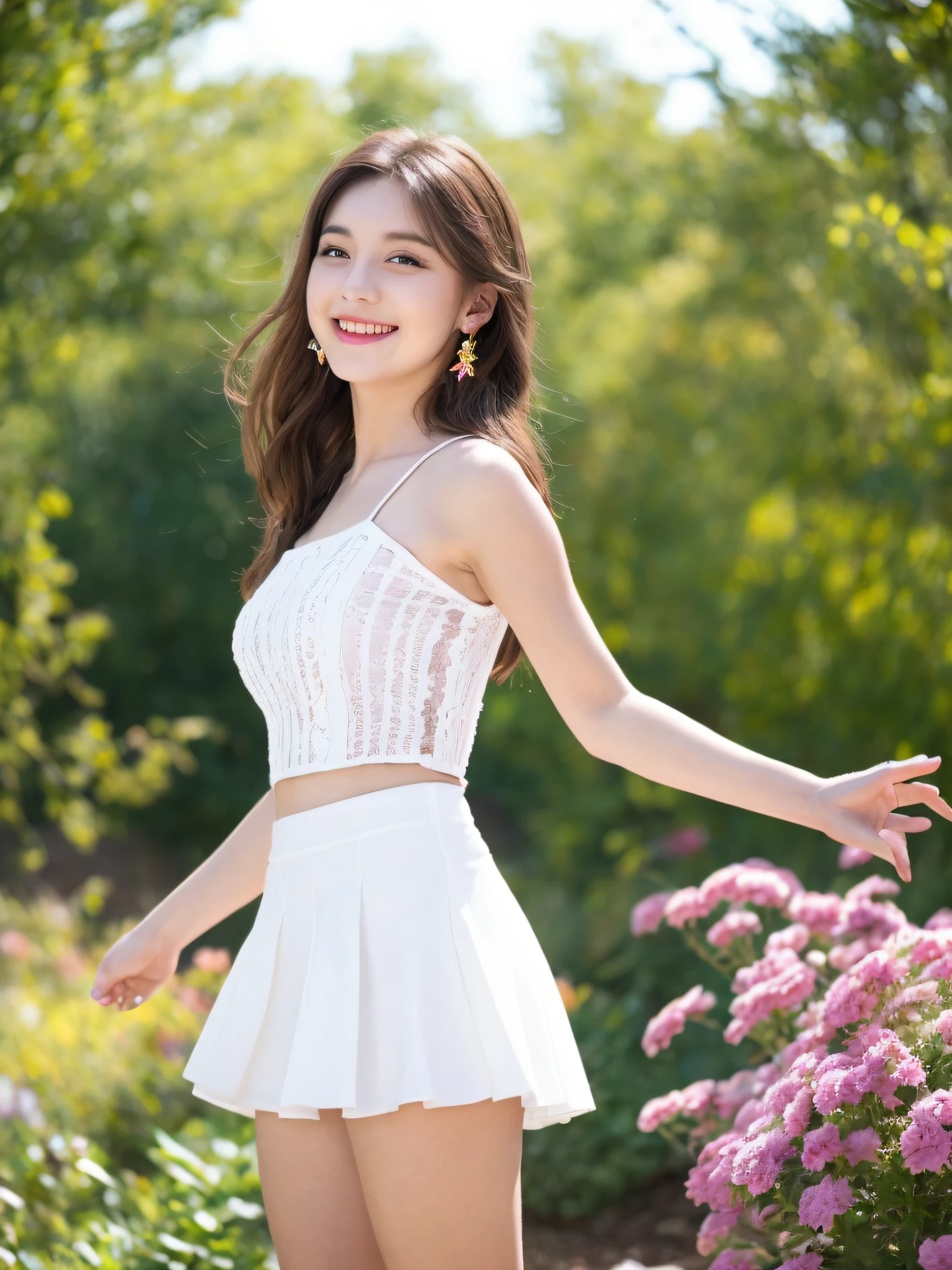 In the garden, 1 girl, hairpins, earrings, jewelry, brown hair, looking at the audience, lips, playful, thighs, full body, white top, short skirt, sweet smile on the face, natural arms, seems to be dancing in harmony with the surroundings. Her breath is full of vitality and vitality, as if her whole body is venting the energy of youth. The whole picture is made more vivid by her presence, making people feel endless joy and vitality.