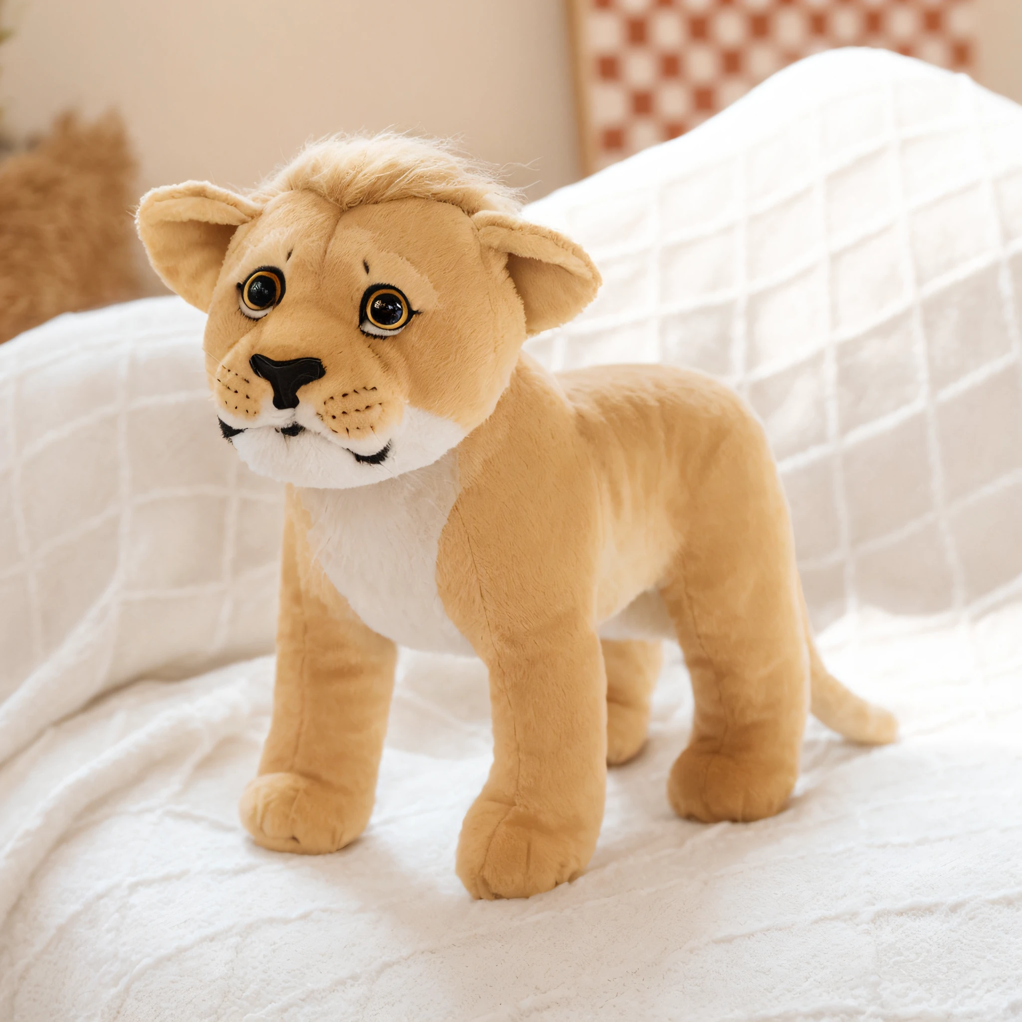 Plush toy lying on bed，Cute lion, extremely detailed and lifelike, aslan the lion, extremely lifelike, lion body, simba, Incredibly realistic, has a very realistic look to it, complete whole lion body, Lion, high resolution details, stunningly realistic,  very realistic looking, Extremely realistic