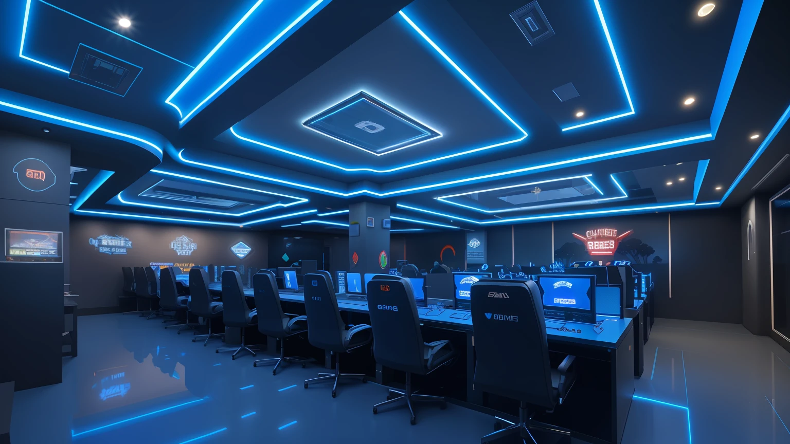 a cyber gaming center ( masterpiece) ( best quality) blue ceramic tile floor , blue plaster ceilling , neon light , glossy, window in cyber style ,(trees outside the glass wall:1.3) Unreal Engineer 8K, full HD 8K