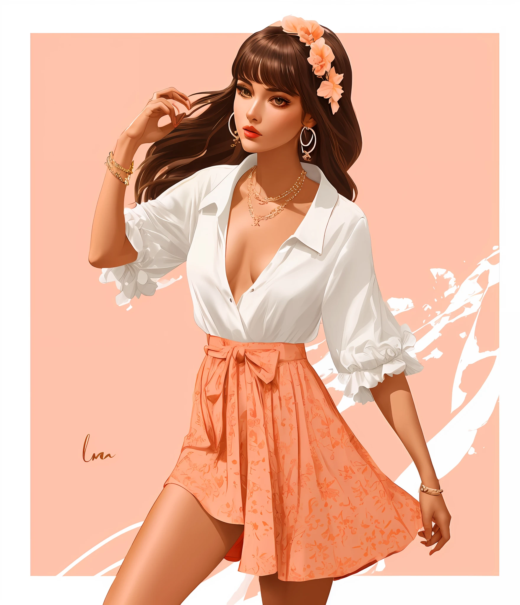 um close up de uma mulher em um vestido e uma bolsa, in style of digital illustration, trending on artstration, detailed fashion illustration, Cartoon style illustration, luxury fashion illustration, illustration style, No estilo de arte Bowater, estilo de arte impressionante, exquisite digital illustration, Estilo de desenho bonito, mulher bonito, in shades of peach, arte digital de um elegante