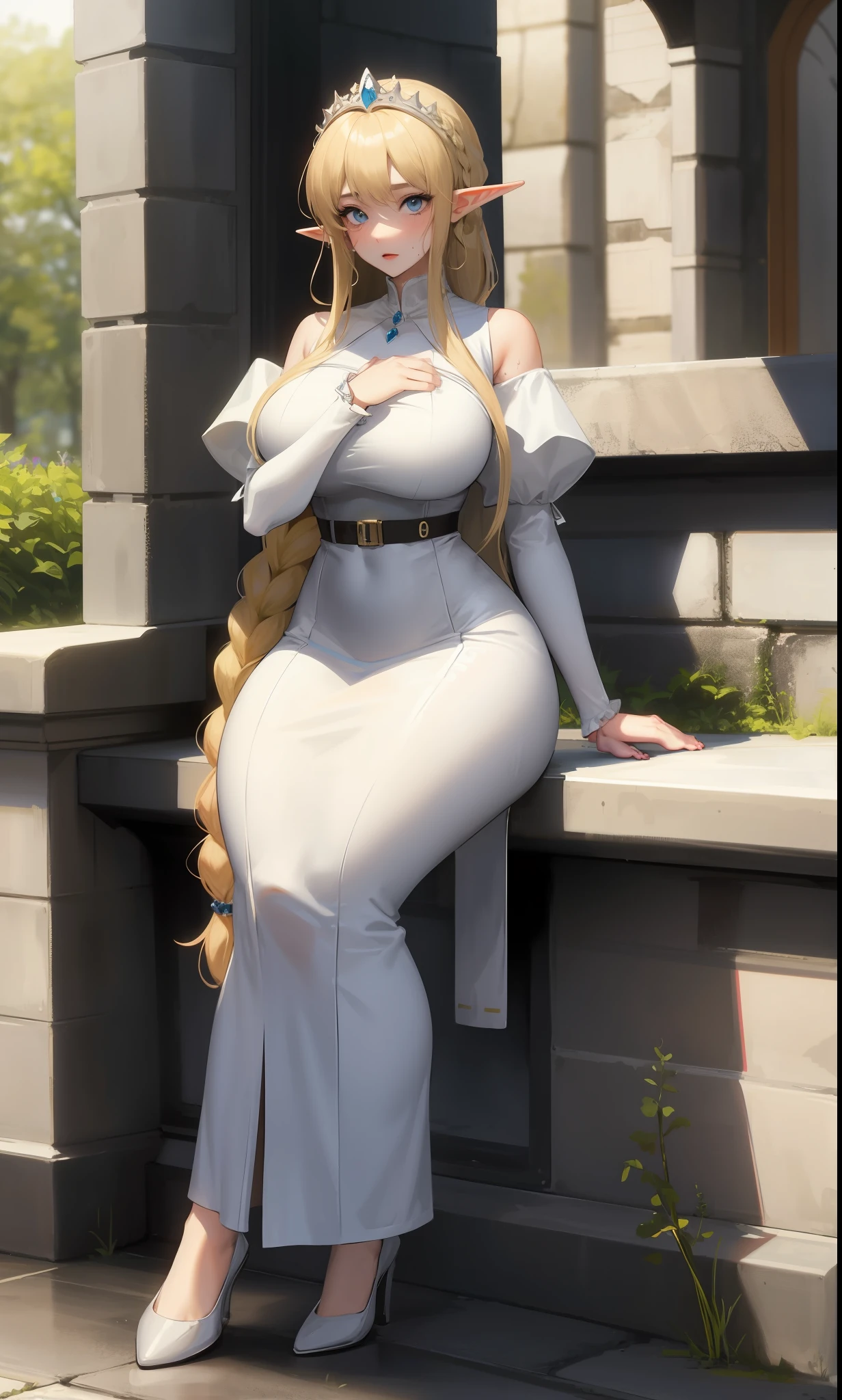 pretty female elf cleric, sitting, braid, wide_hips, huge_breasts, blonde_hair, sweat, white dress, royalty, royal, voluptuous, blue_eyes,