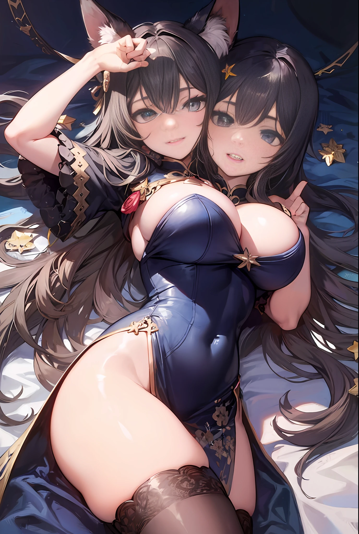 Huge breasts,breasts out,cat_oren,high resolusion,Bust,独奏,Absurdly long hair,spread_both arms,sitting in a