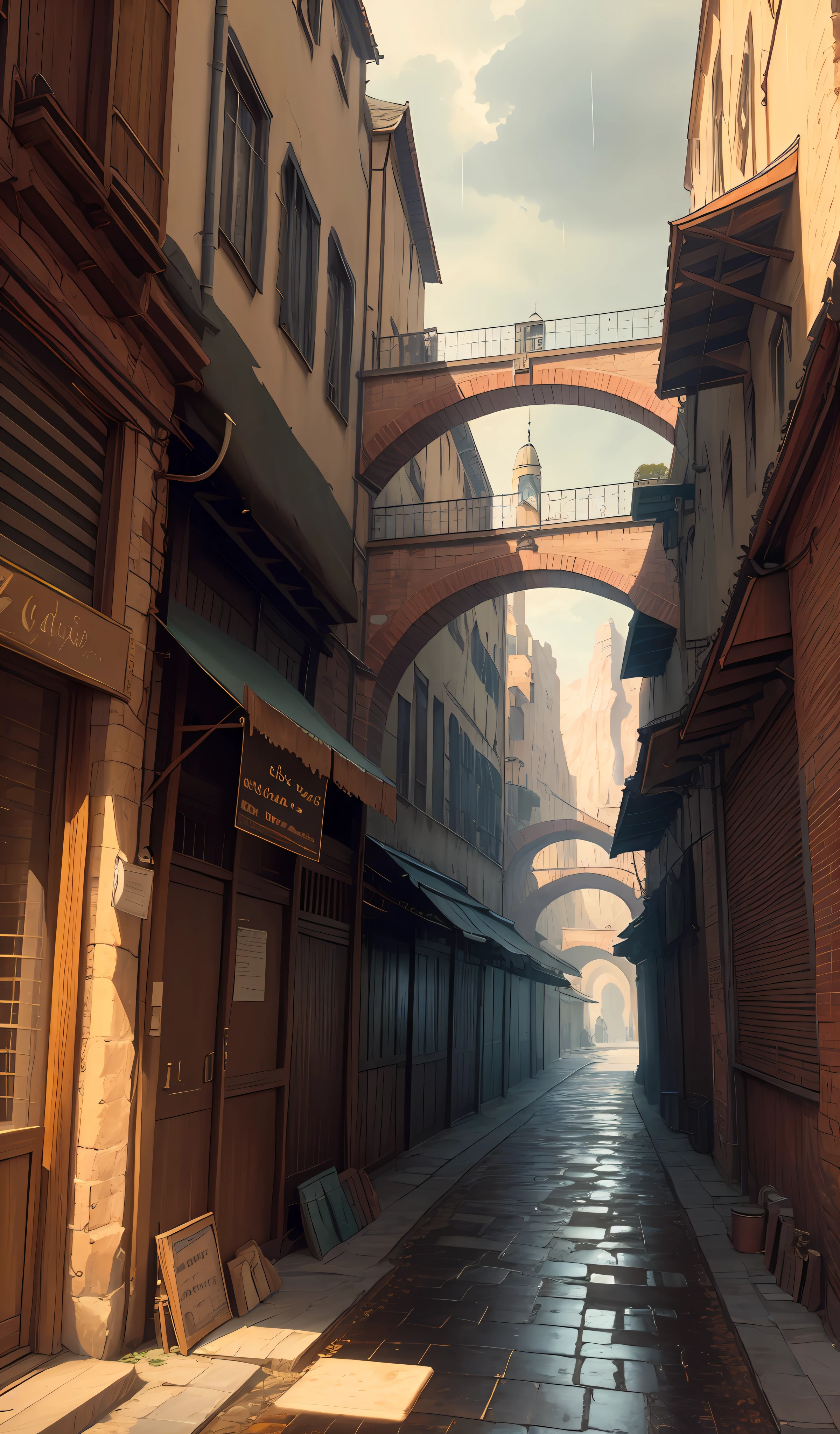 ((masterpiece)),((best quality)),((high detial)),((realistic,)) Industrial age city, deep canyons in the middle, architectural streets, bazaars, Bridges, rainy days, steampunk, European architecture