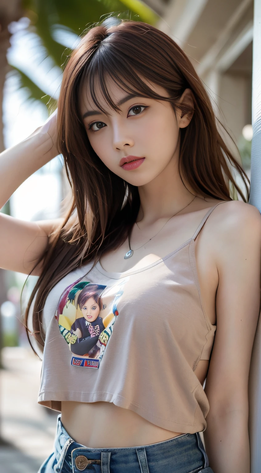 ((Realistic lighting、beste Quality、8K、Master Masterpiece:1.3))、Clear focus:1.2、a 1 girl、Perfect Body Beauty:1.4、Slim abs:1.1、s whole body、((darkbrown hair、a large breast:1.3))、(Acceleration:1.4)、(al fresco、Daylight:1.1)、View of Waikiki Beach、Palm Tree、Slender face、Fine eyes、Double eyelidd、poses of fashion models、Floating hair、T‐shirt、Pendants、