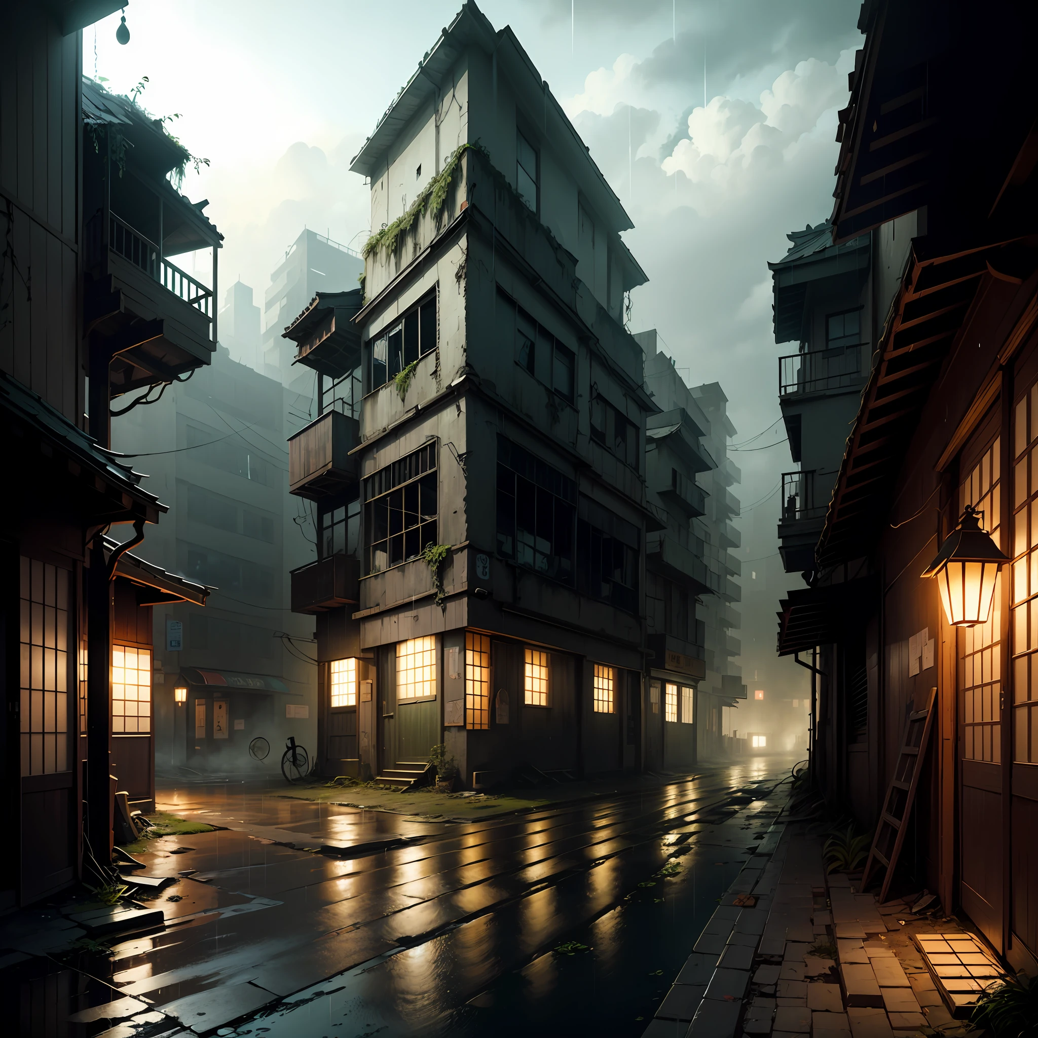 (Armageddon)，Dilapidated city，Plants climbing all over the walls ，Night，raining heavily，Black rain，（Fog，dense fog），Dilapidated streets，Dimly lit alley，（gloomy lighting），relic，(Dilapidated buildings)，(Uninhabited city)，Spooky atmosphere