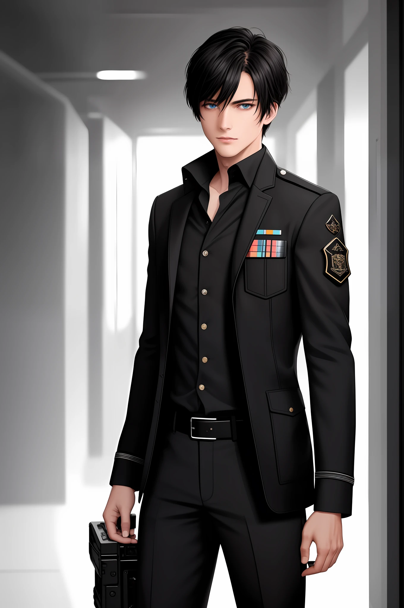 black footwear, belt buckle, mechanical arm, prosthetic hand, uniform, long sleeves, military jacket, unbuttoned black jacket, black pants, black hair, short hair, blue eyes, beautiful men, (sexy), RAW photo, 8k uhd, dslr, soft lighting, high quality, film grain, Fujifilm XT3, 2k, 4k, 16k, HDR 4k
