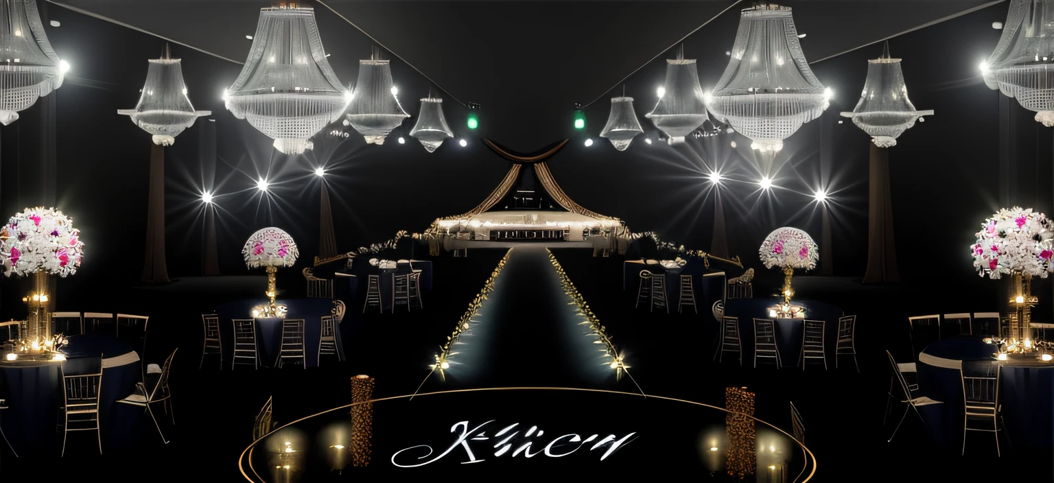 a close up of a wedding reception with chandeliers and tables, luxurious wedding, wedding, glowing lights intricate elegant, ballroom background, stunning arcanum backdrop, ( ( stage light ) ), intricate sparkling atmosphere, Stage background, author:Jeka Kemp, fancy lighting, author:Ke Jiusi, glamorous setting, lavishly decorated, imvu, black backdrop