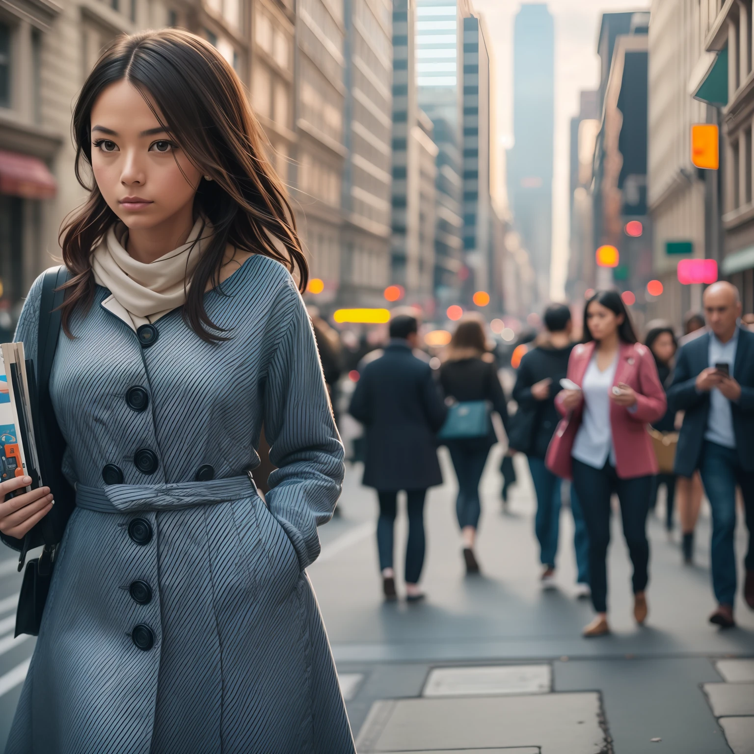 a women, kodak gold 400,Eye level shot, natural lighting, street style,New York, photography by Annie Leibovitz, shot by ARRI Alexa LF camera with ARRI Signature Primes lens 12mm T1.8 ,4k, cinematic, --ar 16:9 --auto