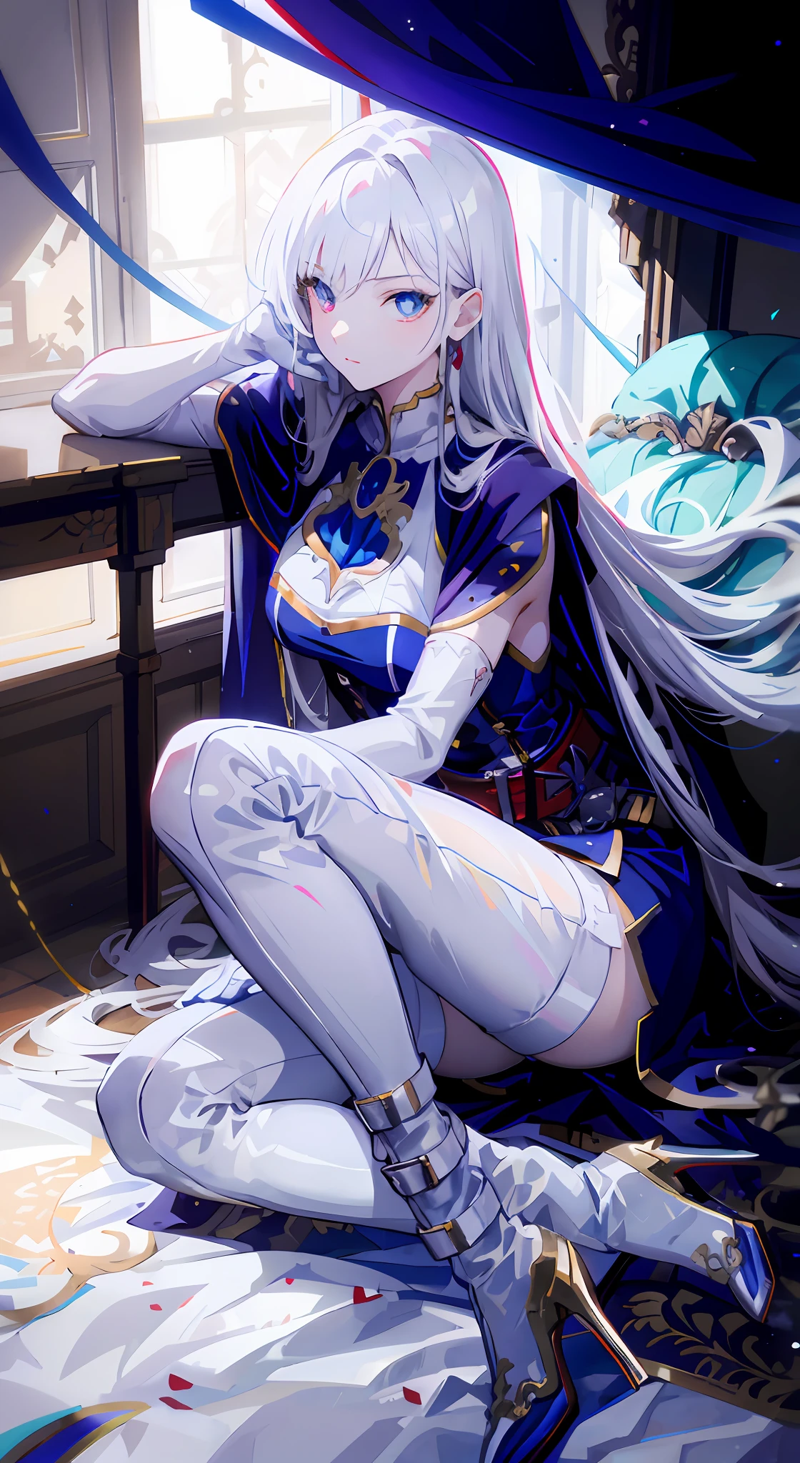 White long hair，Red pupils，White suspender thigh boots，white long gloves，White elbow long gloves，White high-heeled thigh boots，White thigh boots，White belt，White leg rings，white  dress，Blue sole，sitting on a bed，White corset，your legs，Blue belt，ornate clothes，anime - style image of a woman sitting on a bed with her legs crossed, white haired deity, Best anime 4k konachan wallpaper, royal elegant pose, beautiful anime girl squatting, portrait knights of zodiac girl, high detailed official artwork, beautiful and seductive anime woman, trending on artstation pixiv, the anime girl is crouching