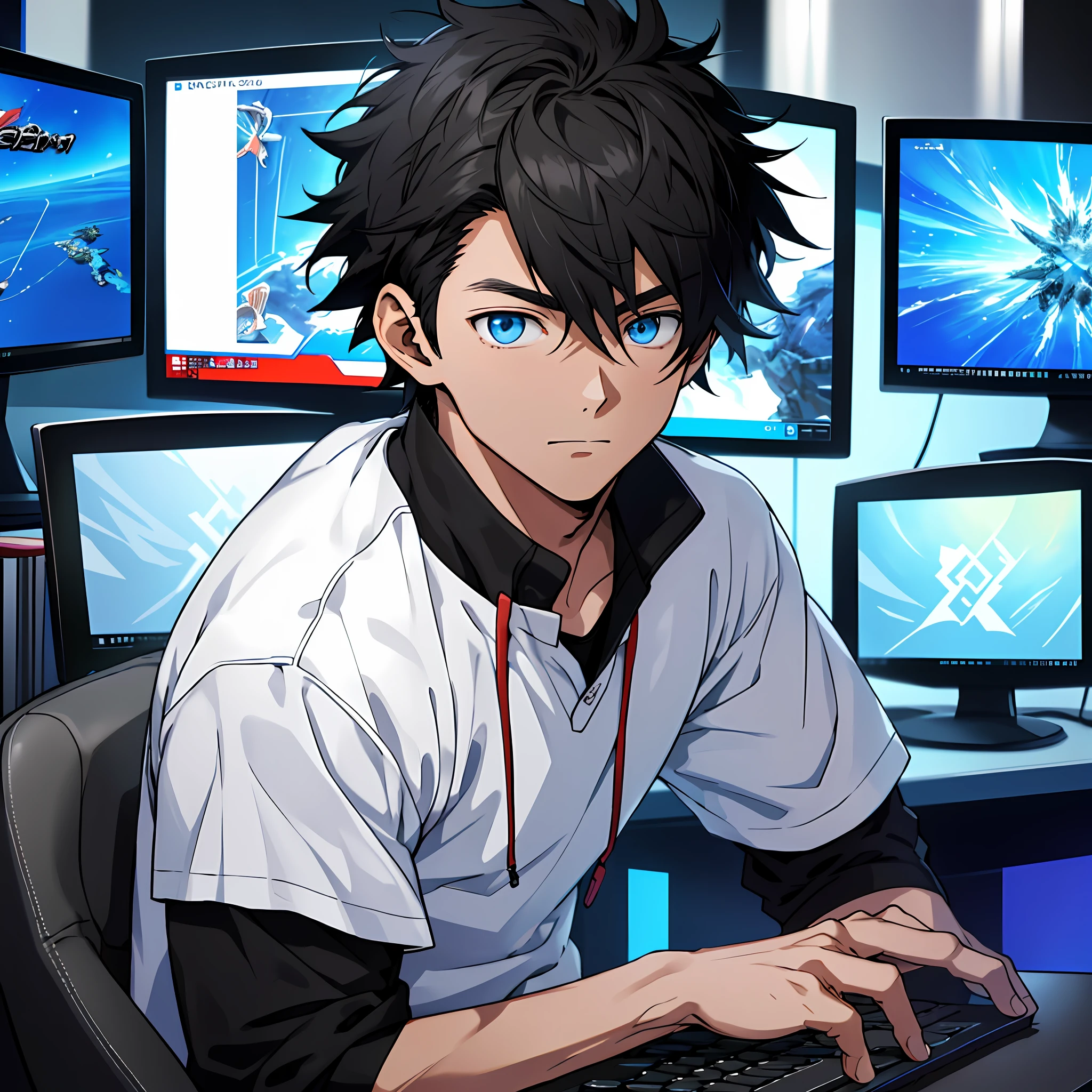 Best quality: 1.0), (Super High Resolution: 1.0), Anime boy, short black hair, blue eyes, sitting in front of computer playing games, background in esports room,