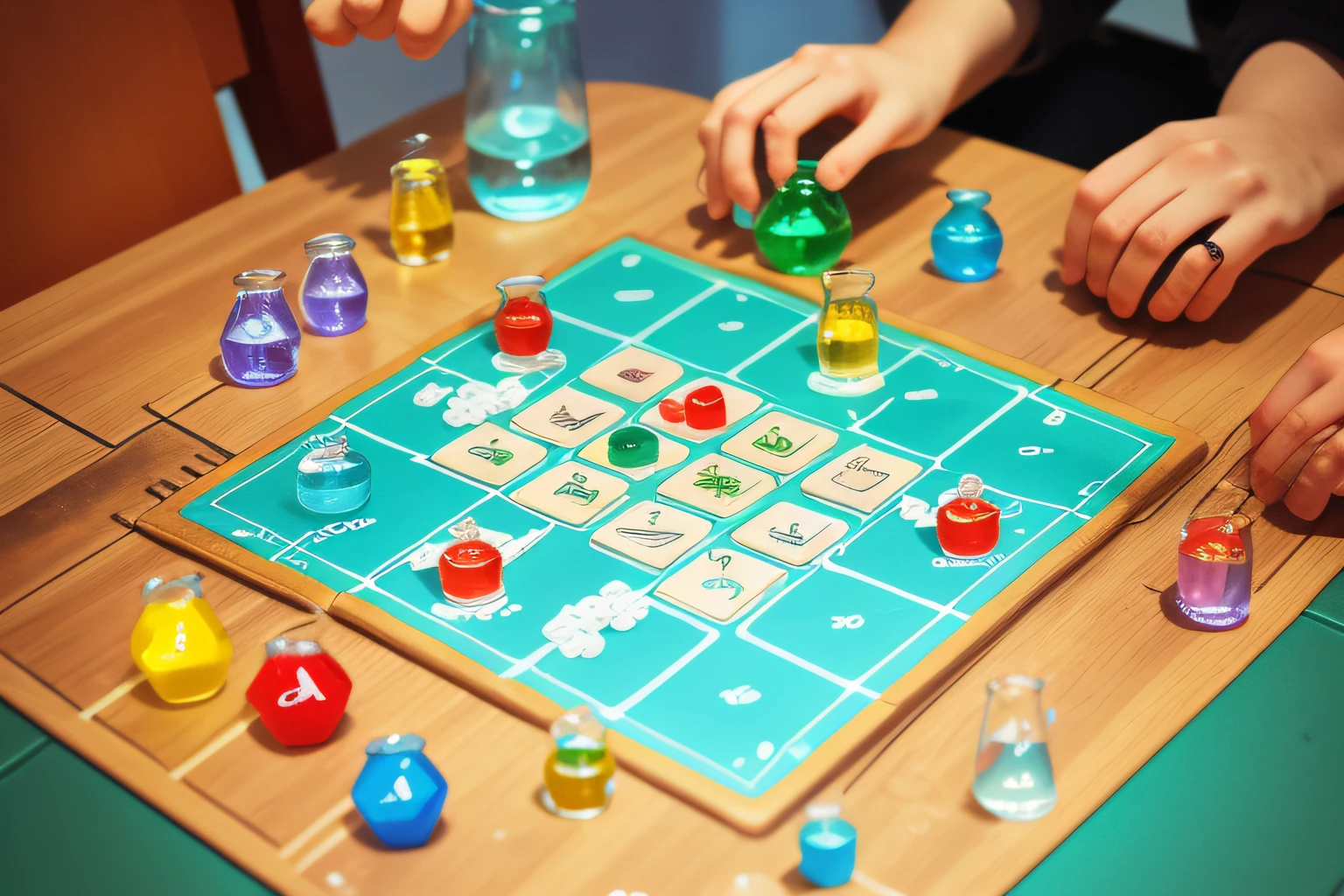 Board games with chemistry themes,There are cylindrical pieces on the board,The checkerboard is checkered。The pieces in it represent chemical elements。This chemistry themed board game,The combination of science and wisdom is revealed,Close up of,杰作,high qulity